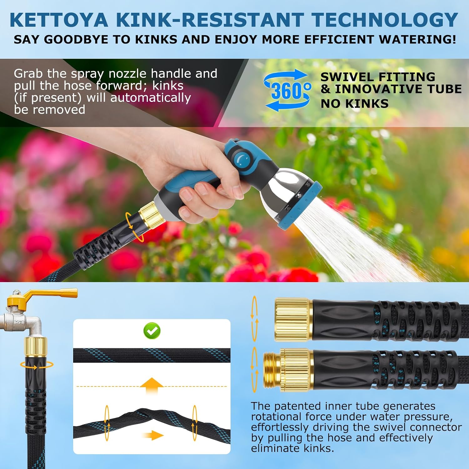 Non-Expanding Garden Hose 50 ft, Kink Free Flexible Water Hose with 10-Pattern Spray Nozzle, Lightweight Hose Pipe