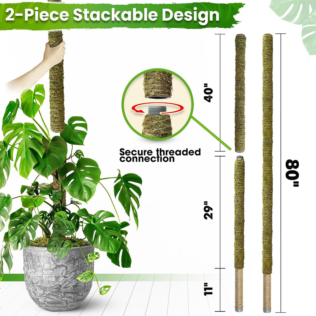 80" Large Stackable Moss Pole for Plants Monstera, (1pc., 80'') | Forest Moss Surface, Plant Stakes for Indoor Plants