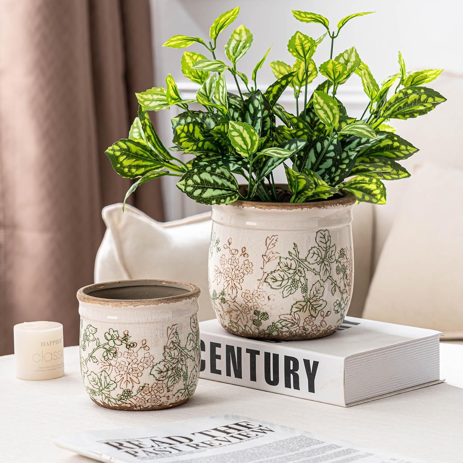 SURE YUESI Ceramic Plant Pots Set of 2, 4.7 & 5.7 Inch Vintage Indoor Planters with Drainage Hole, Farmhouse Ceramic