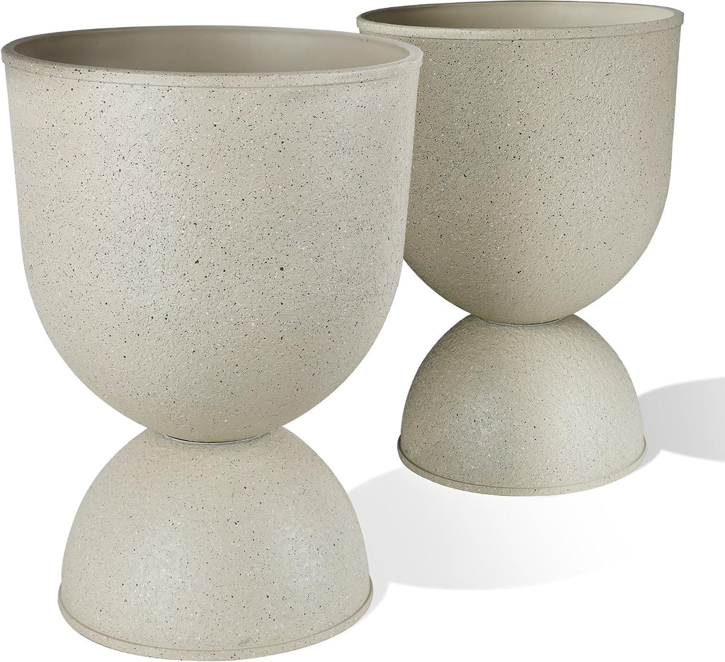 KOL Planters Flower Pots, Plastic Urn Planters for Indoor Outdoor Plants, Beige Pedestal Planter Pots 2 Pack, 15 Inch