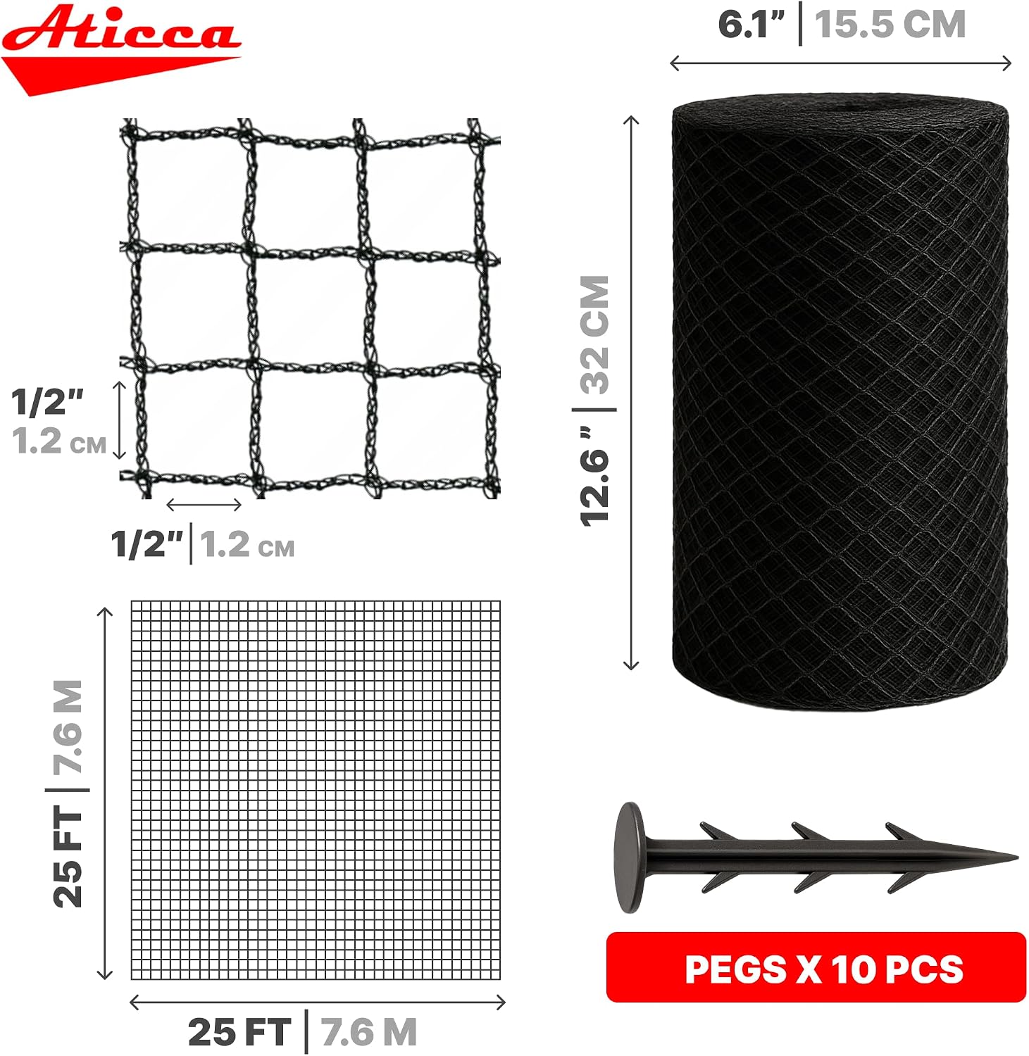 ATICCA Heavy Duty Bird Netting for Garden Protection & Fruit Trees, 25x25 Ft with 10 Stakes – Black Anti-Bird Net for
