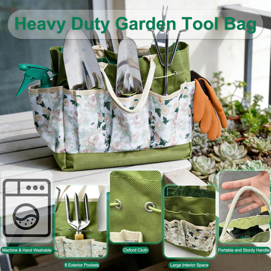 Garden Tool Set, 9 Pcs Heavy Duty Stainless Steel Gardening Hand Tool, Green Garden Tool Bag Kit, Gardening Supplies