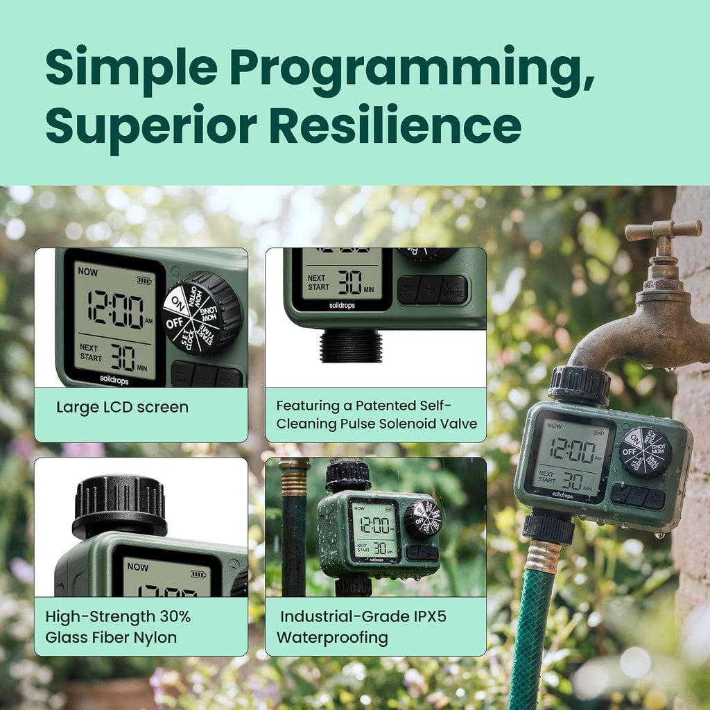 Garden Hose Sprinkler Timer 1 or 2 Outlet Programmable Controller | Self-cleaning valve, rain delay, auto-off, IPX5