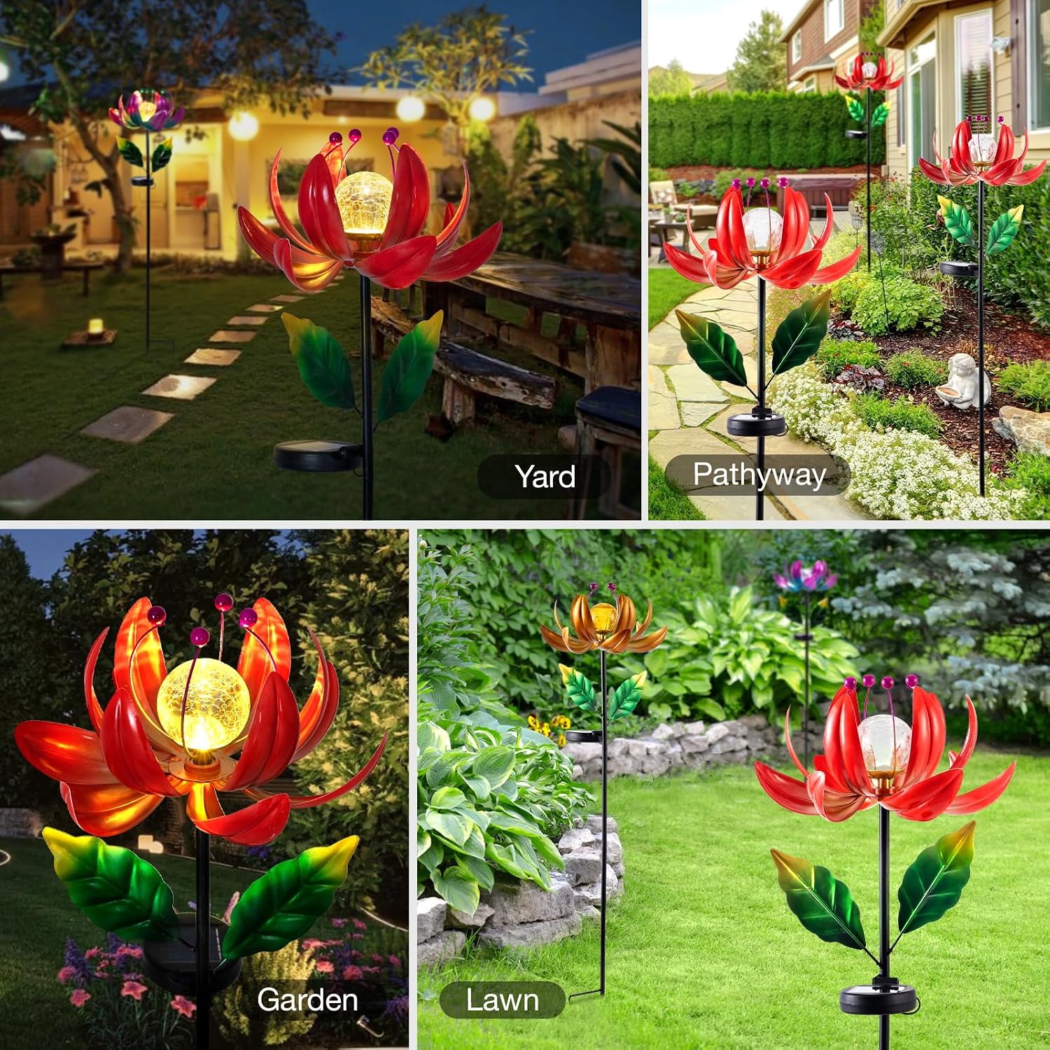 Solar Lights Outdoor Wind Spinners, Metal Lotus Flower Garden Decor with Waterproof LED Crackle Glass Globe for Patio