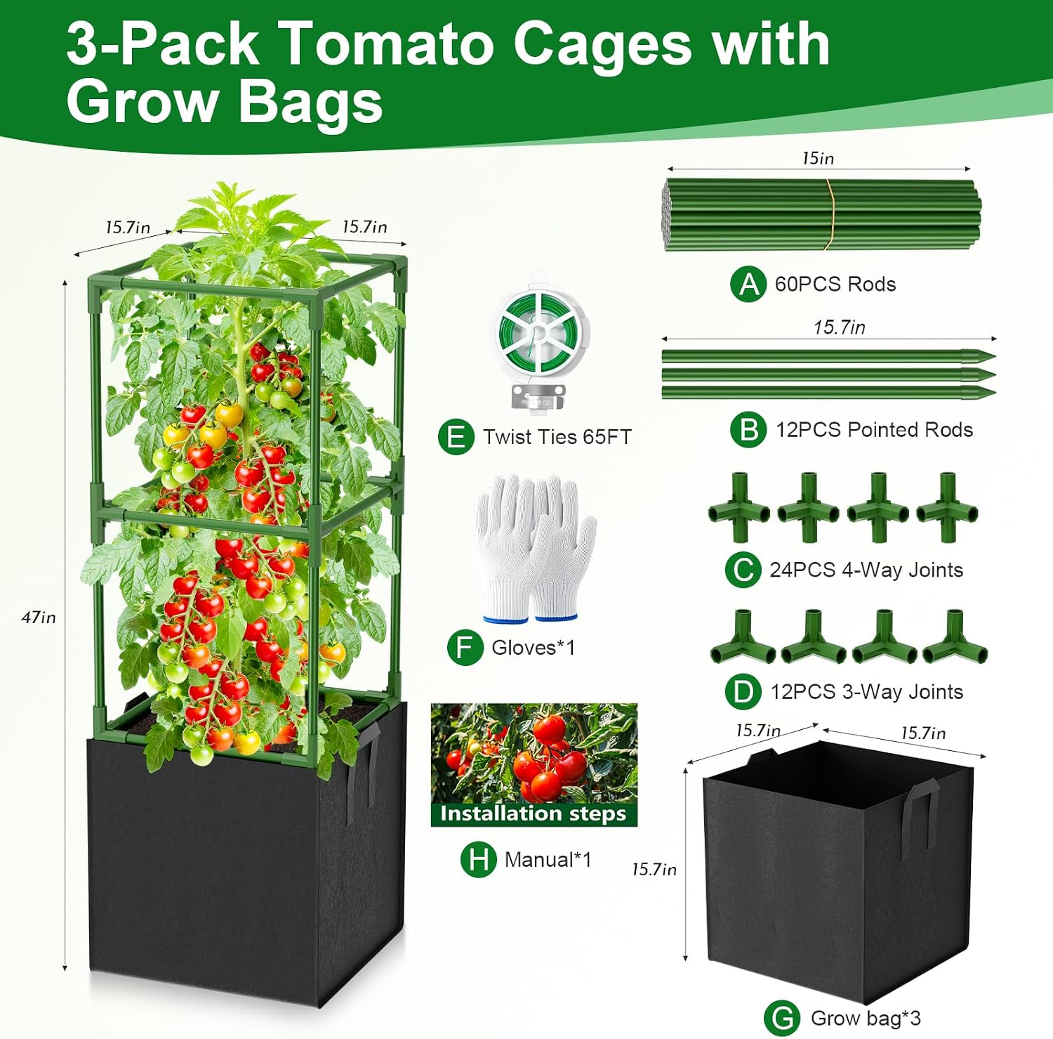 3 Pack Tomato Cages, Square Tomato Trellis with 17 Gallon Grow Bags,47IN Tall Heavy Duty Tomato Plant Support Stakes