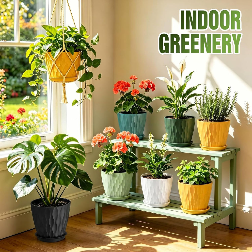 8 Inch Plant Pots 4 Pack Plastic Planters with Drainage & Saucers | 8 inch 4 pack plastic plant pots with 3D water