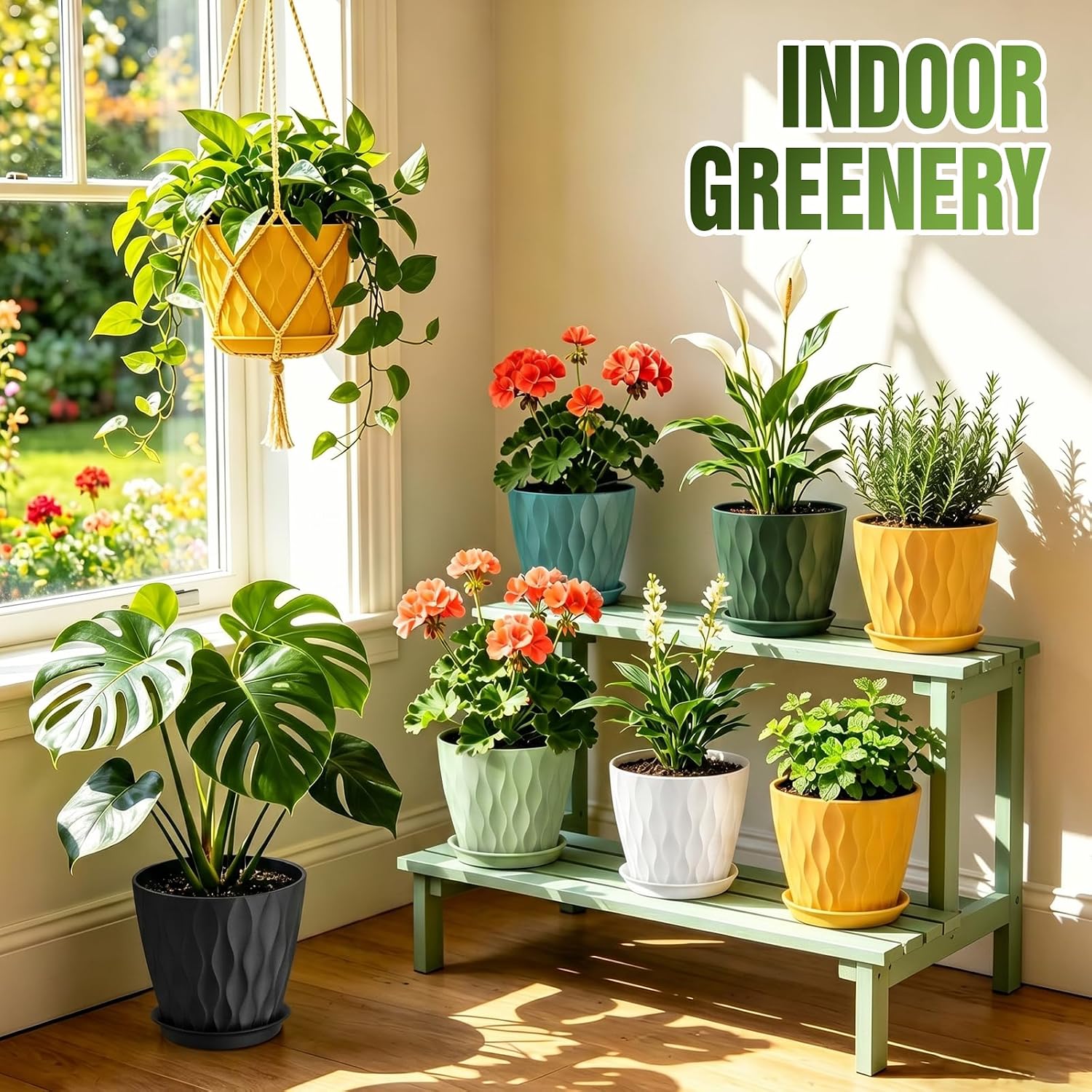 8 Inch Plant Pots 4 Pack Plastic Planters with Drainage & Saucers | 8 inch 4 pack plastic plant pots with 3D water