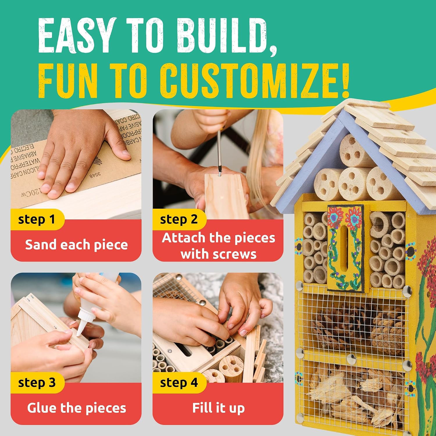 Premium Bug Hotel Kit for Kids, Easy Wood Bug House Kits | Bug House for Kids with Tools, Paints & Glue, Insect Hotel