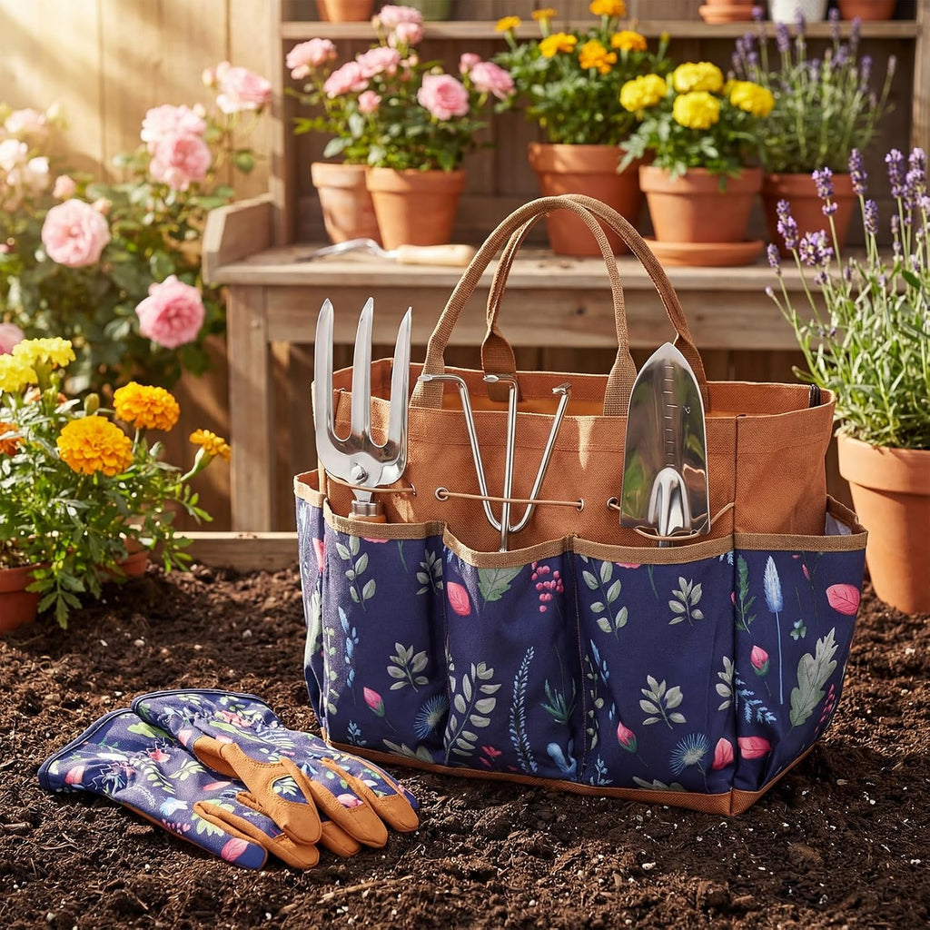 Lothee 7 Pcs Gardening Tool Set Garden Tote Bag with Gloves,Classic,Brown | Gardening Gifts for Women, Multi-Pocket
