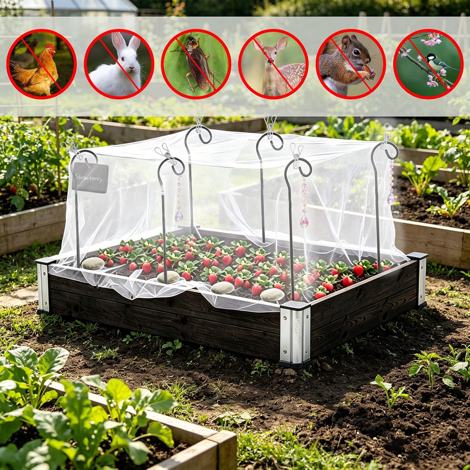 Garden Netting Kit for Raised Beds, 10 x 13 FT Ultra Fine Insect Mesh with 8 Upgraded Hook-Top Stakes & 20 Clips, Plant