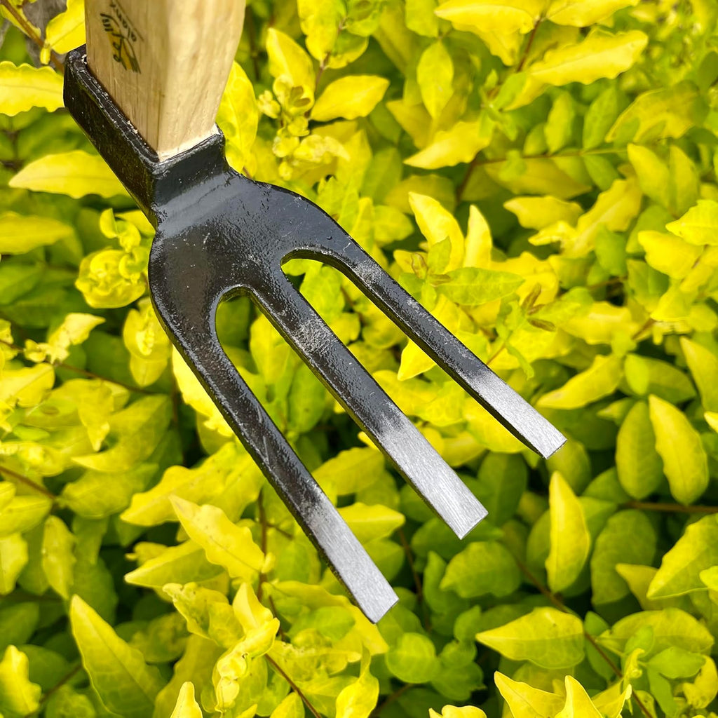 14 inch Japanese Hand Tiller/Rake for Garden, 3-tines Cultivator, Without Welding, Oak Handle, for Digging, Soil