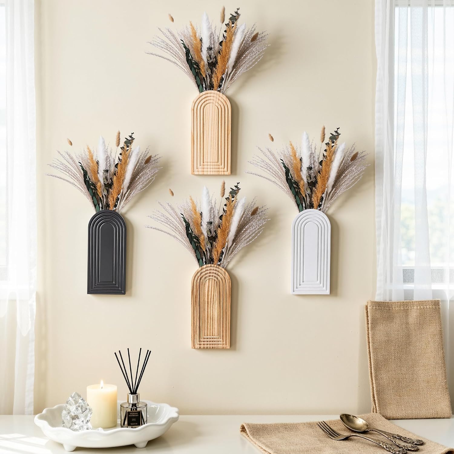 DREAMLOOM 2 Pack Wooden Wall Vases with Dried Pampas Grass and Eucalyptus Plants, Wall Hanging Planters Boho Modern