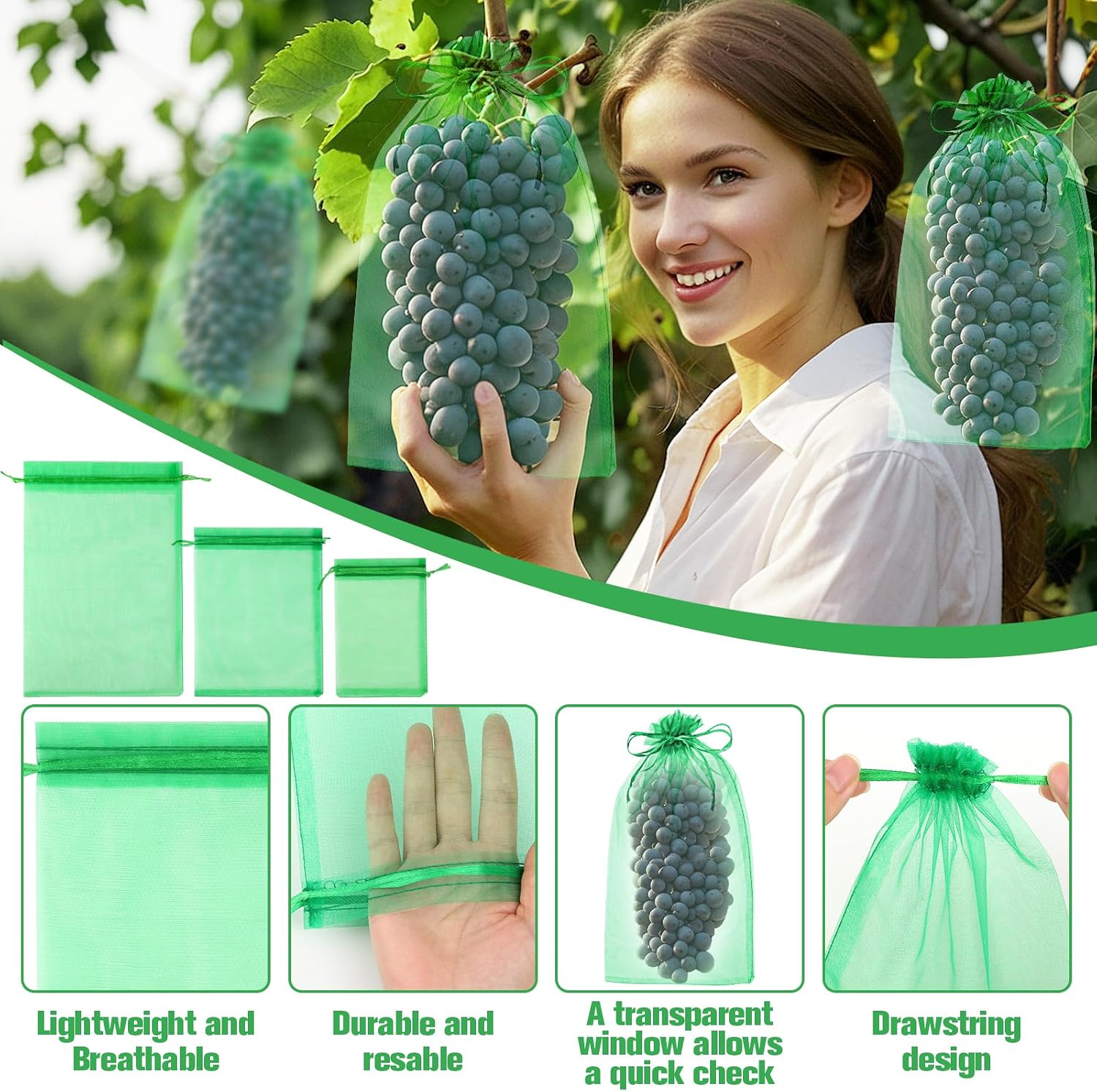 180 Pcs Fruit Protection Bags for Fruit Trees, Green Fruit Netting Cover Bags 3 Size Garden Netting Bags with