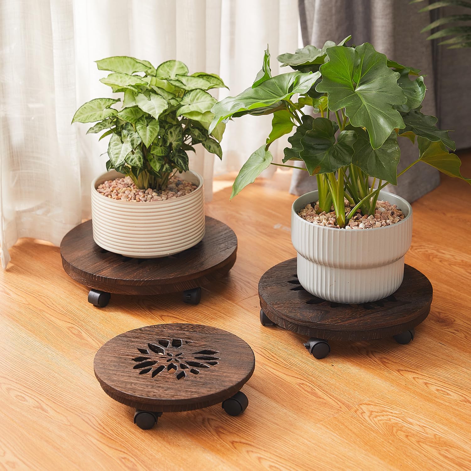 Wooden Plant Stand with Wheels, Rolling Planter Caddy, Heavy Duty | Built‑in Drip Tray,No Assembly Required,Lockable