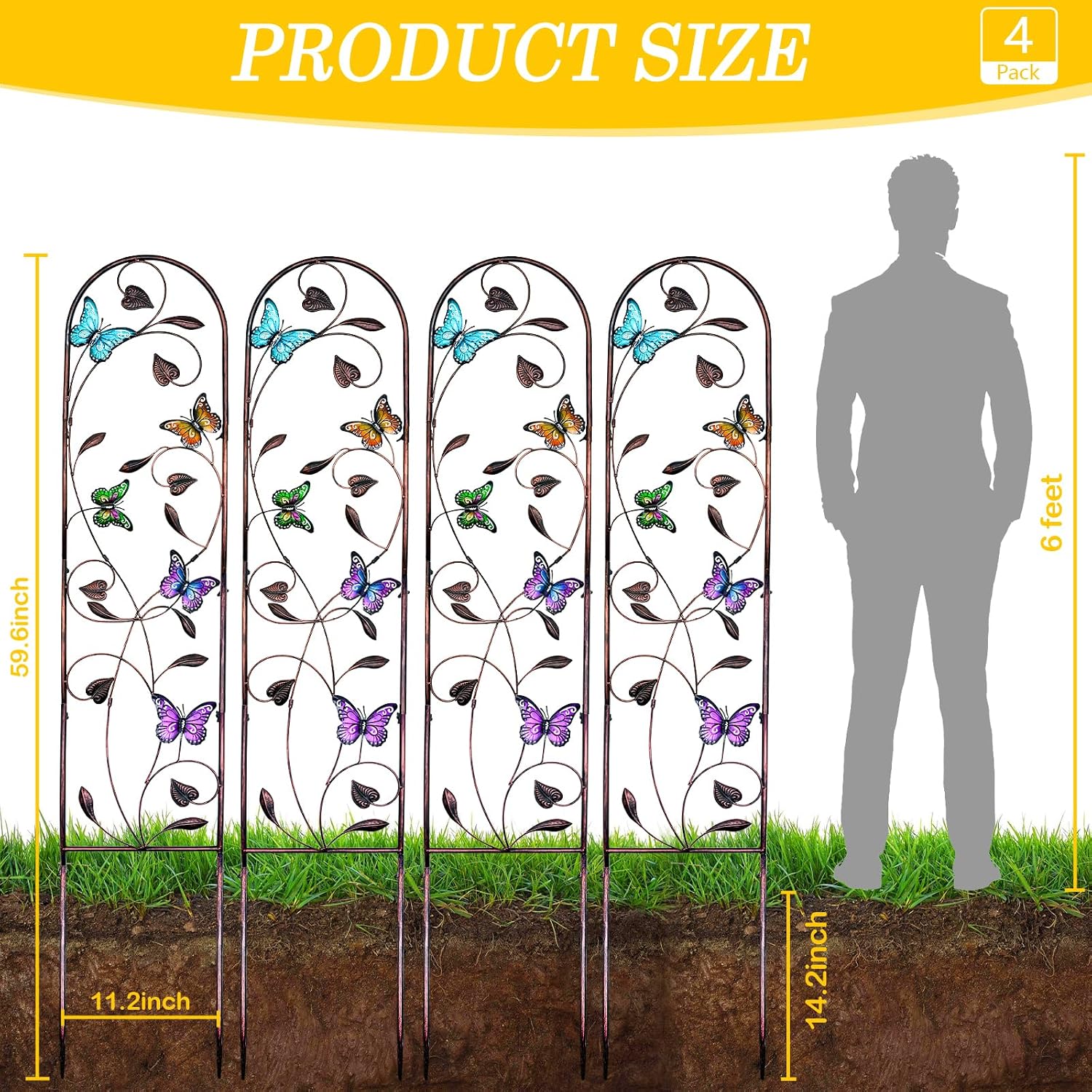 aboxoo 4-Pack Butterfly Metal Garden Trellis, 60" Decorative Outdoor Fence | For climbing