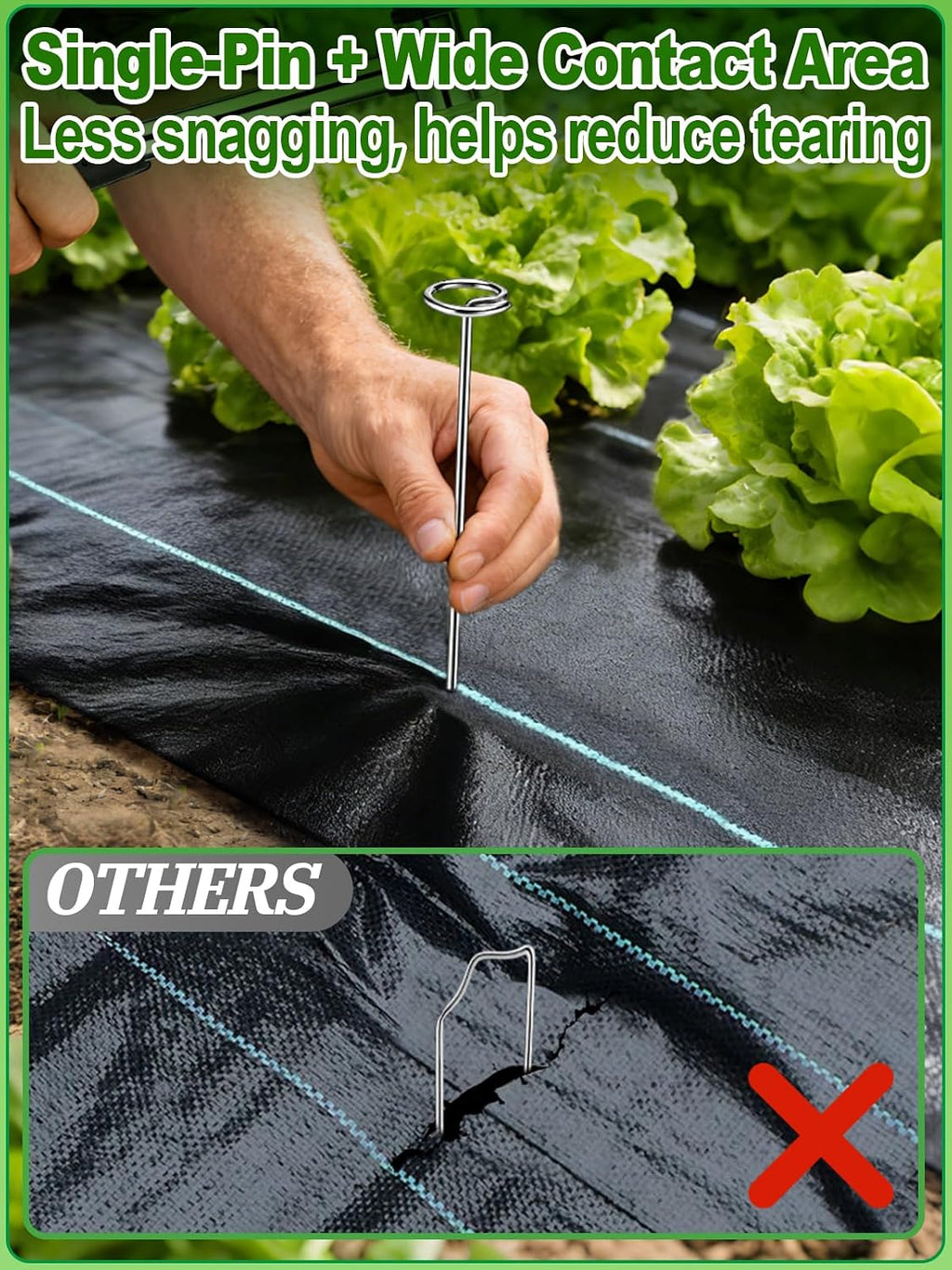 12 Inch Landscape Staples with Hook & Hammer - 60pcs Circle Top Weed Barrier Stakes Kit, 9 Gauge Galvanized