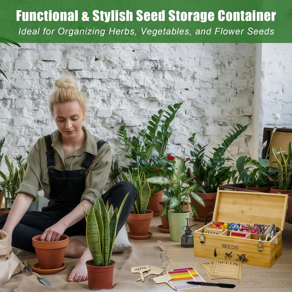 Natural Bamboo Seed Storage Organizer Box, Garden Tools Saving Kit | Large Seeds Saver Kit Included Stainless Steel