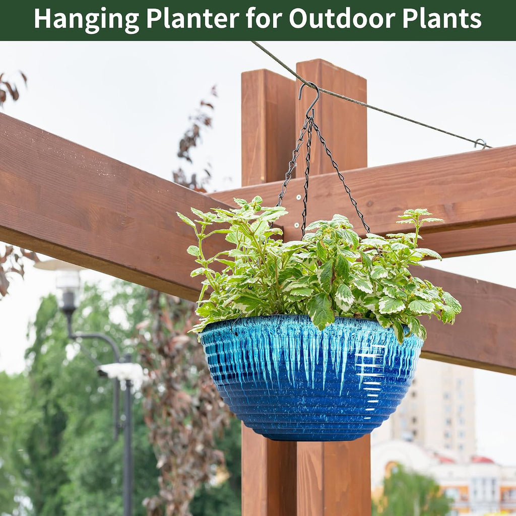 12 inch Large Hanging Planters for Indoor Outdoor Plants, Set of 2 Glazed Hanging Flower Pots with Drainage Hole
