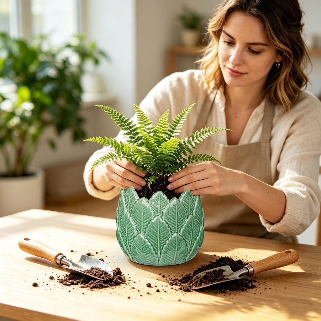 Hollyone 6 inch Ceramic Planter Pot Leaf with Drainage Hole Glazed Ceramic Planter Garden Embossed Botanical Design