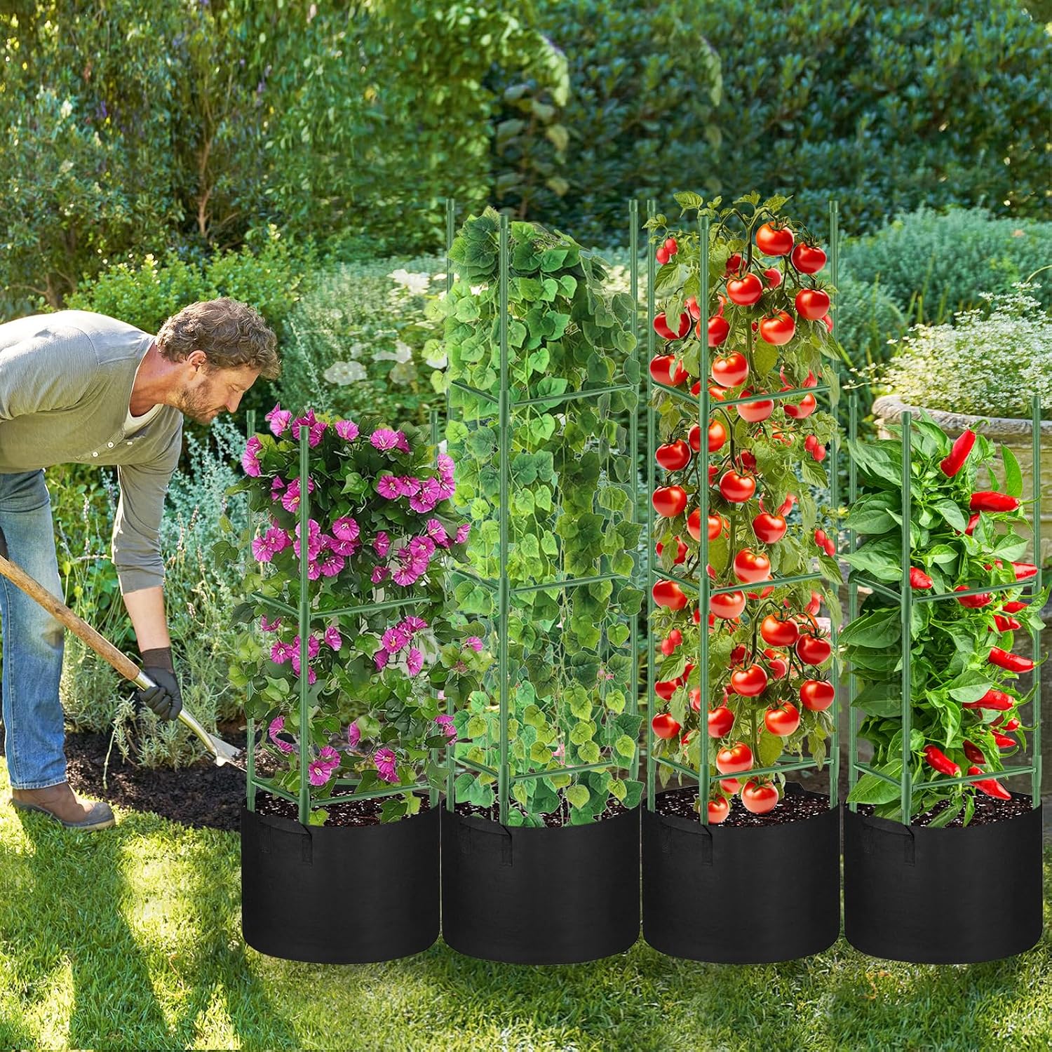 4 Pack Tomato Cages 55 x 12 Inch for Garden with 11 Gallon Round Planter | Pots Grow Bags with Heavy Duty Triangle