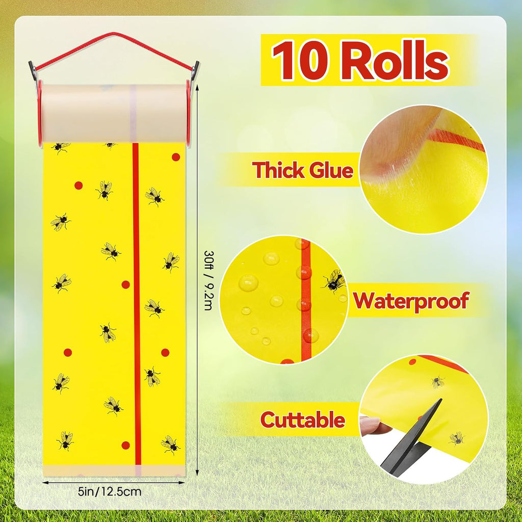 10 Rolls Sticky Fly Trap 30 ft Each, Fly Paper Strips for Indoor Outdoor Hanging Flies Tape Spotted Lanternfly Tree