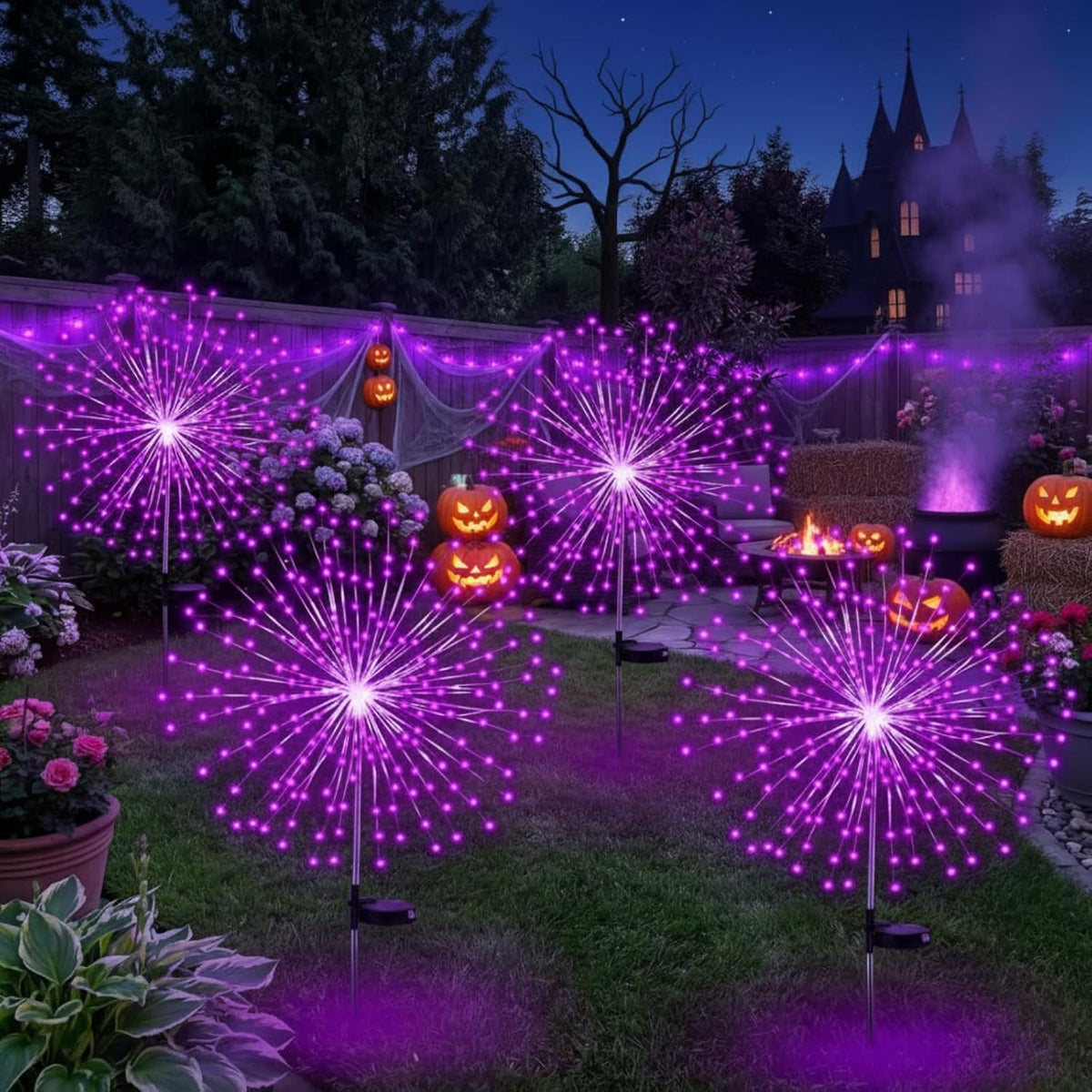 Tujoe 4 Pack Halloween Outdoor Decoration Solar Firework Lights,Purple