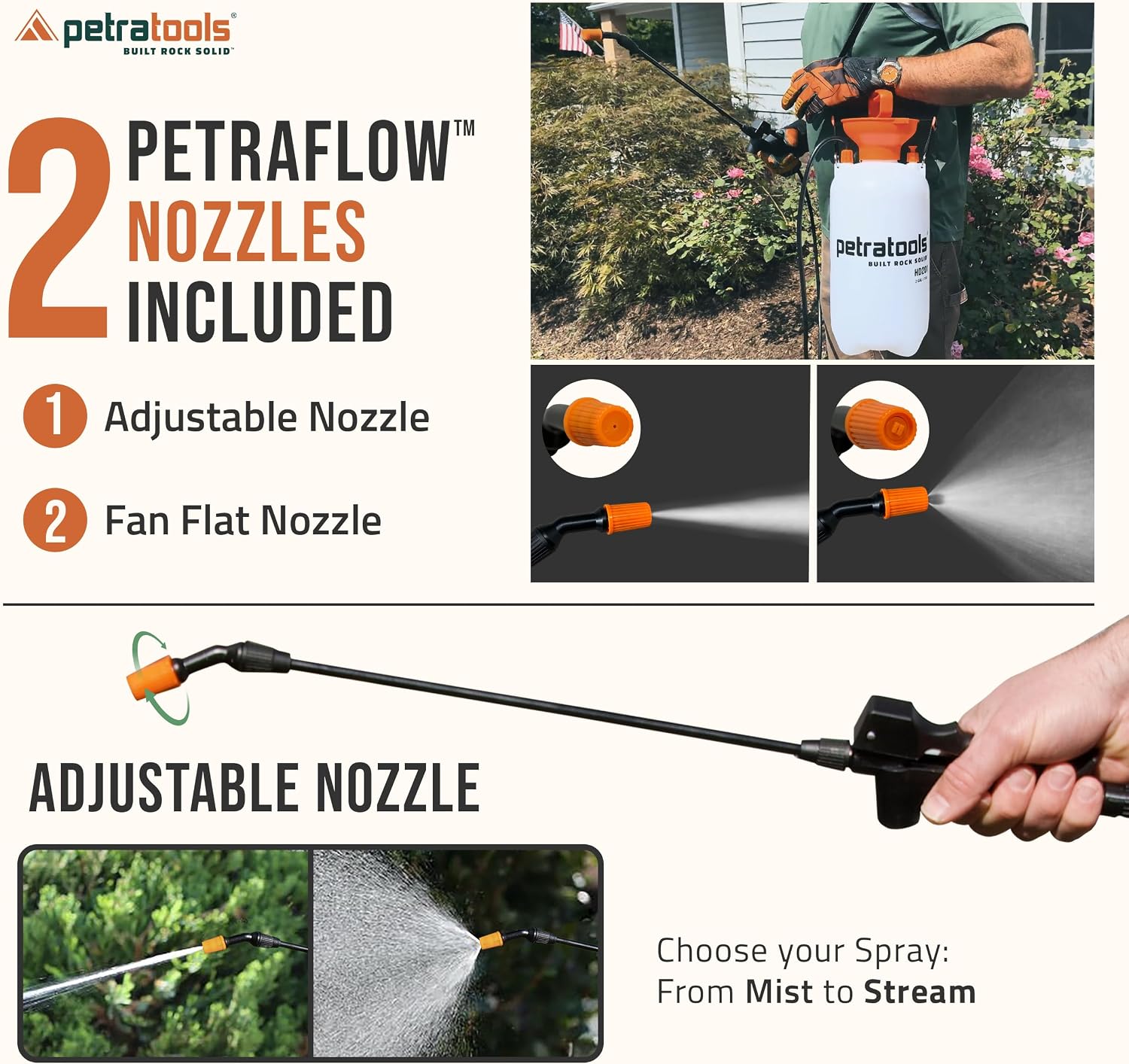 PetraTools HD201 Garden Pump Sprayer 2 Gallon, 52-in Long Hose & 2 Nozzles | Lawn & Garden Sprayer w/ Easy Carry Handle