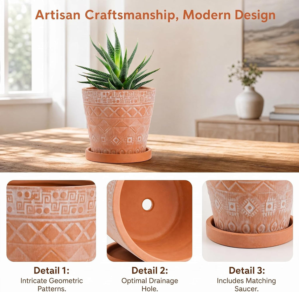 Cedilis 2 Pack Terracotta Pots, 5 Inch Red Clay Planter Pots with Drainage and Saucers, Ceramic Pottery Succulent