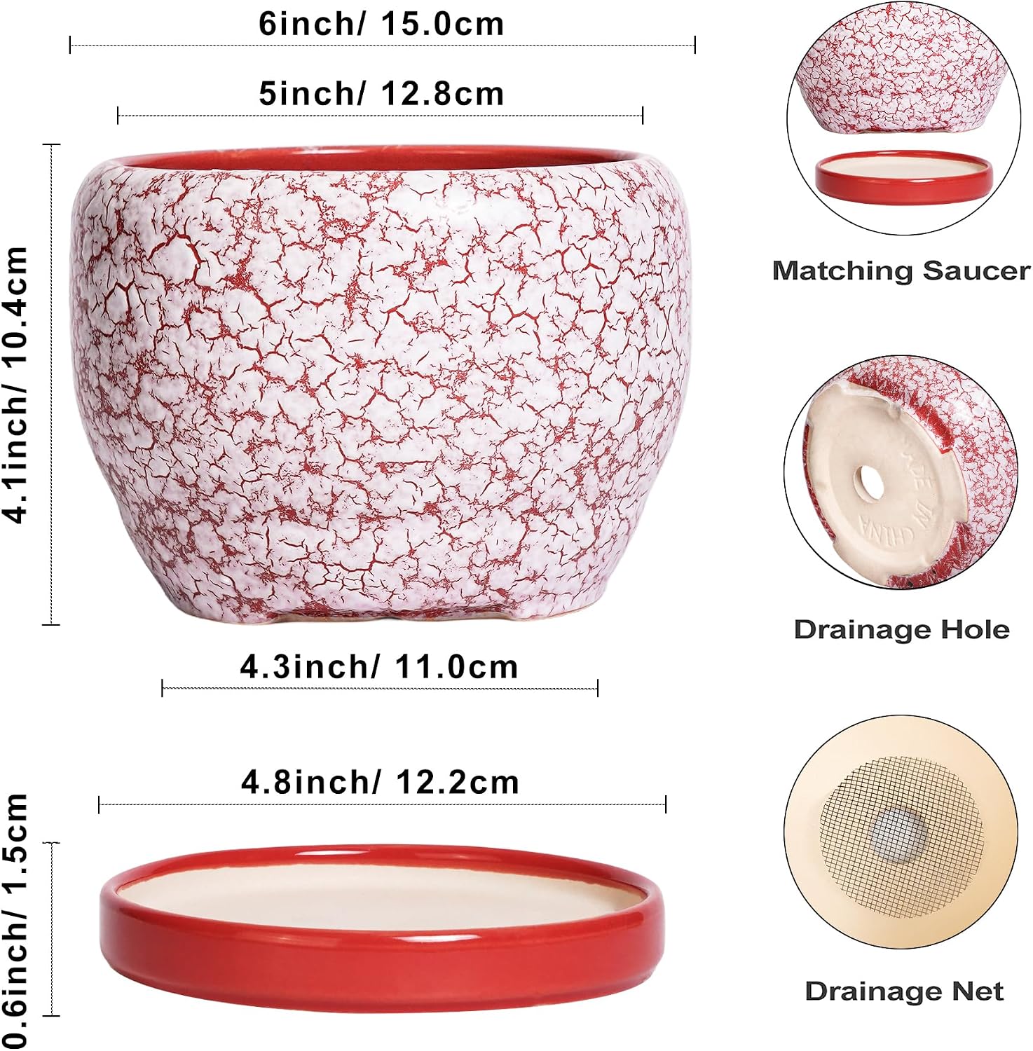 SQOWL 6 Inch Plant Pot - Ceramic Planter for Indoor Outdoor, Round Decorative Plant Pot with Drainage Hole and Saucer