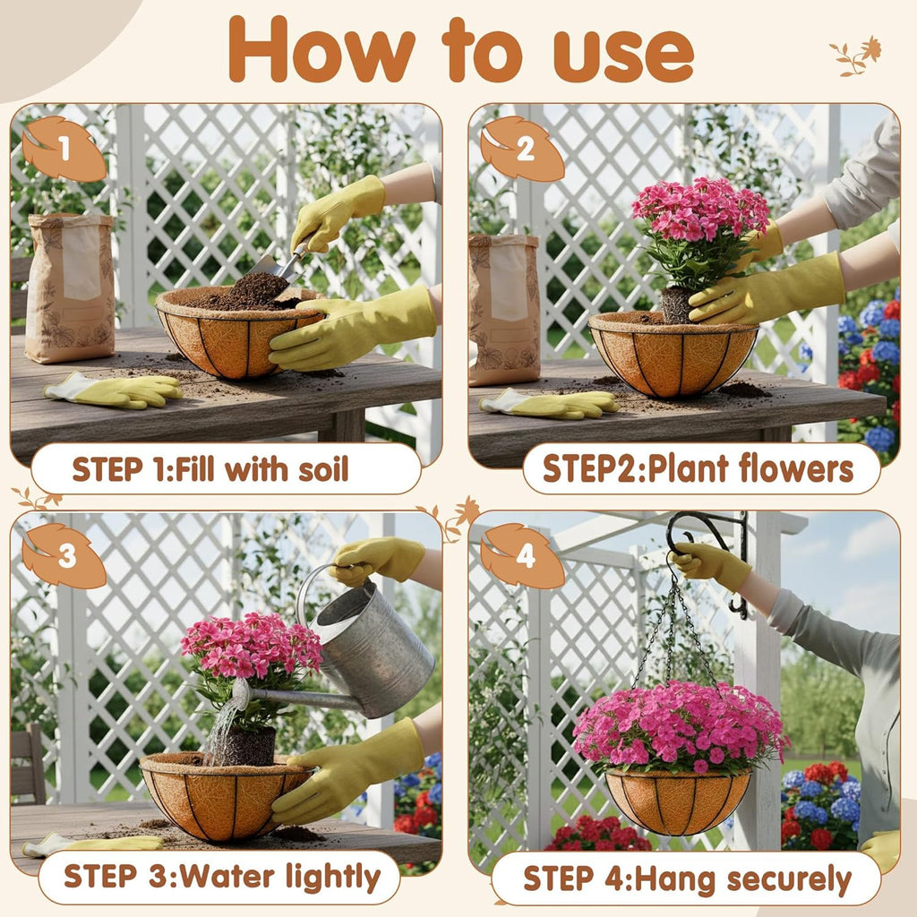 14 inch Metal Hanging Baskets For Plants Outdoor 4 Pack Round Metal Wire Hanging Basket Planter with Coco Fiber Liners
