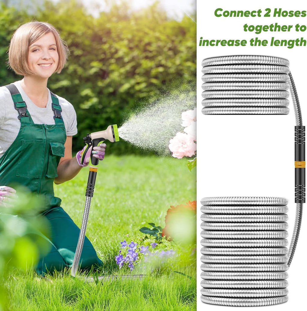 Unywarse Garden Hose 50FT Metal Water Hose with 10 Function Nozzle No-Kink | Flexible, Leak-proof, Heavy Duty