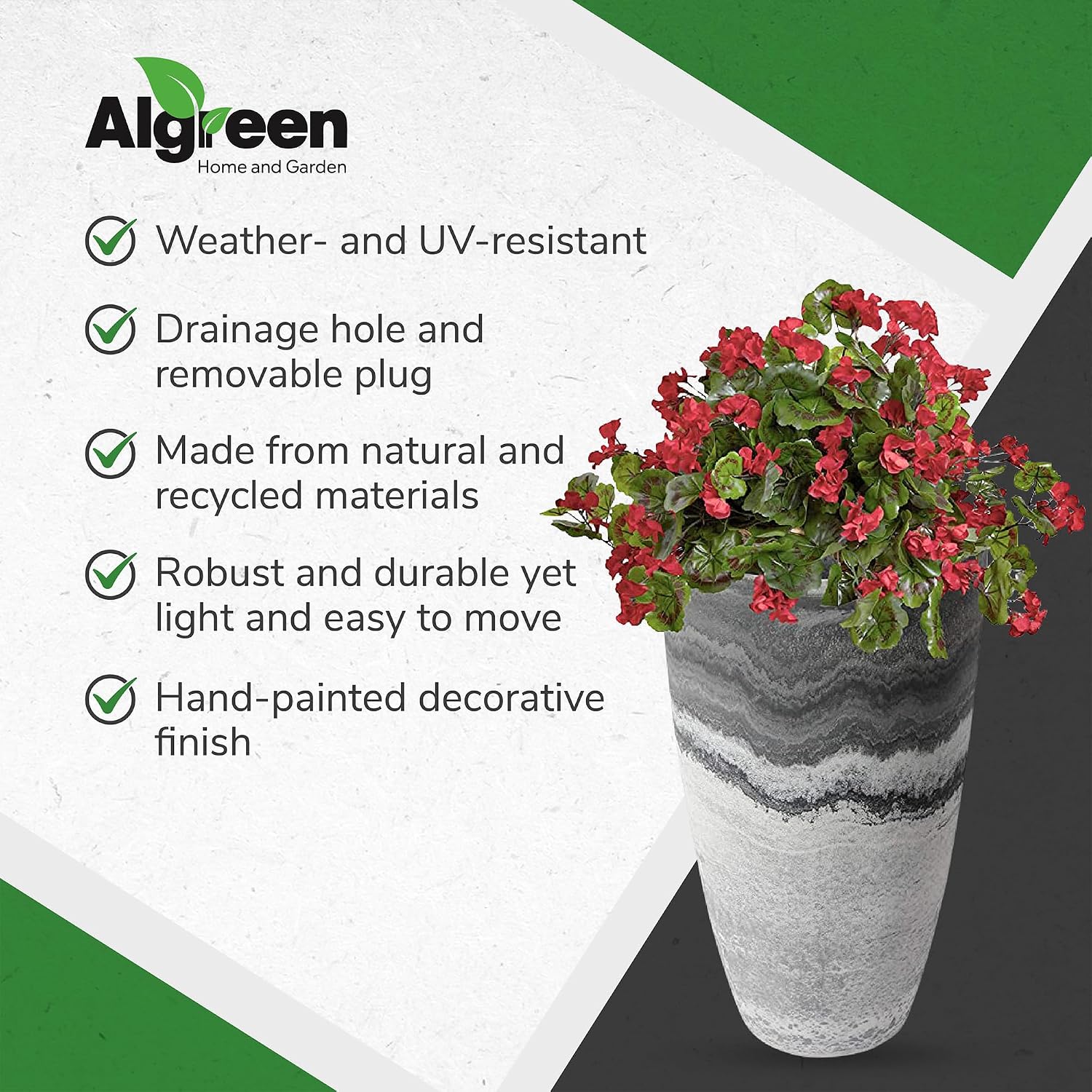 Algreen Products Acerra Composite Vase Planter with Drainage Hole, Decorative Texture, Removable Plug for Lawn and