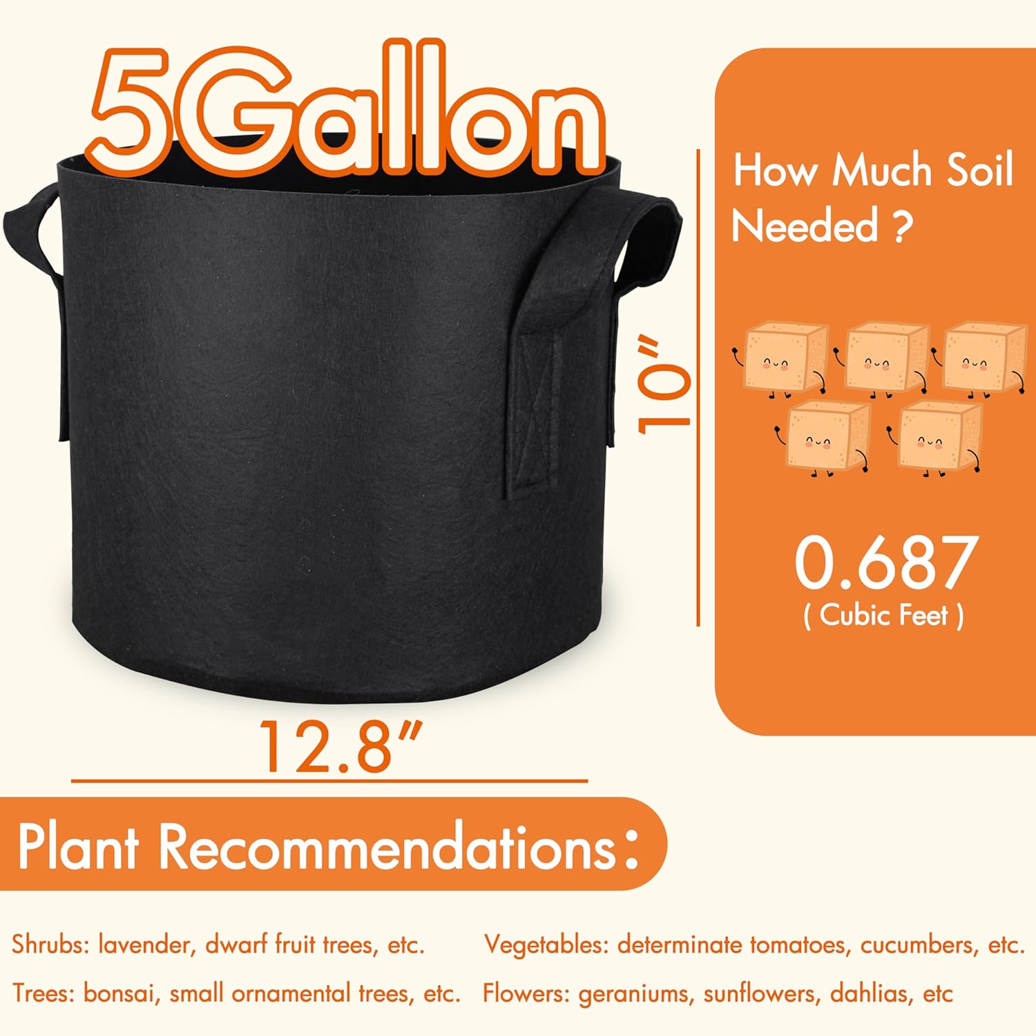 Gardzen 10-Pack 5 Gallon Grow Bags Fabric Pots with Heavy Duty Handles | Excellent Drainage & Breathability, Thickened