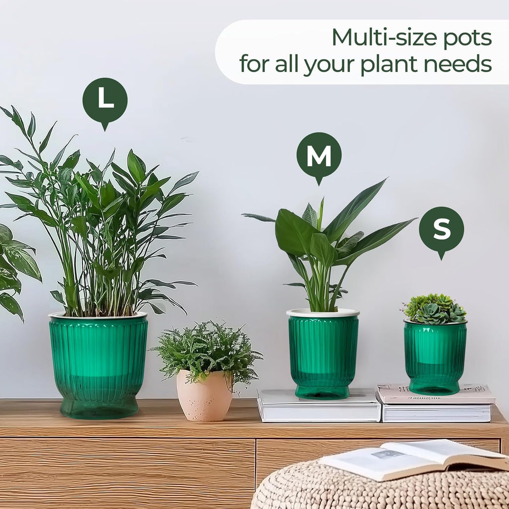 T4U Self Watering Pots for Indoor Plants 6 Inch 4 Pack Planter Green | Clear visible water level, Pothos ferns herbs