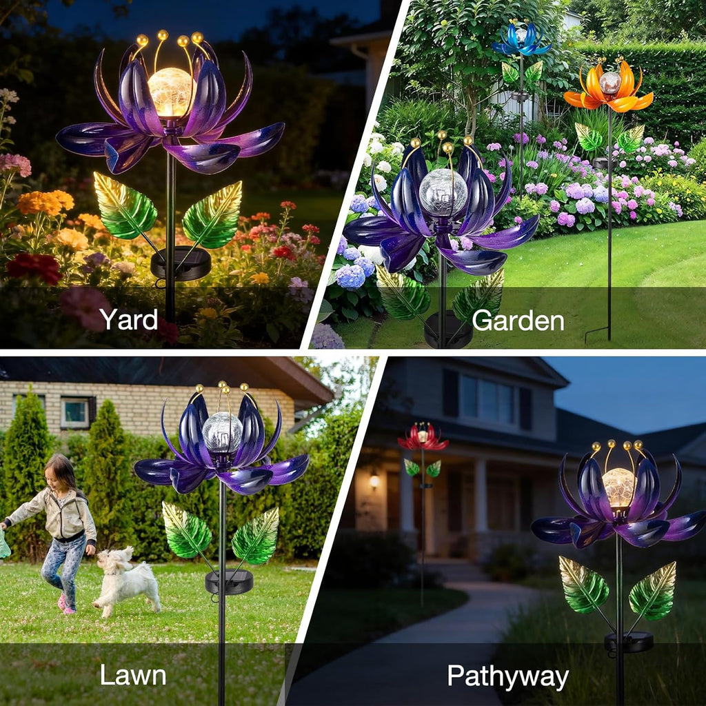 AIINY Solar Purple Metal Flower Wind Spinners, Colorful Spinning Windmill Lotus Yard Art Lights with LED Crystal Ball