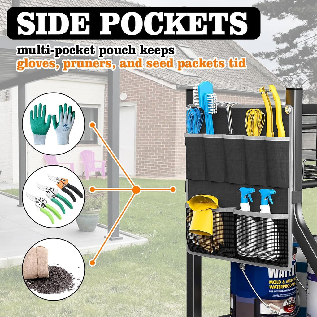 36" Large Garden Tool Organizer with Wheels & Side Tool Bag, 3 Tier Rolling Garage Storage Rack for Long Handled Rakes
