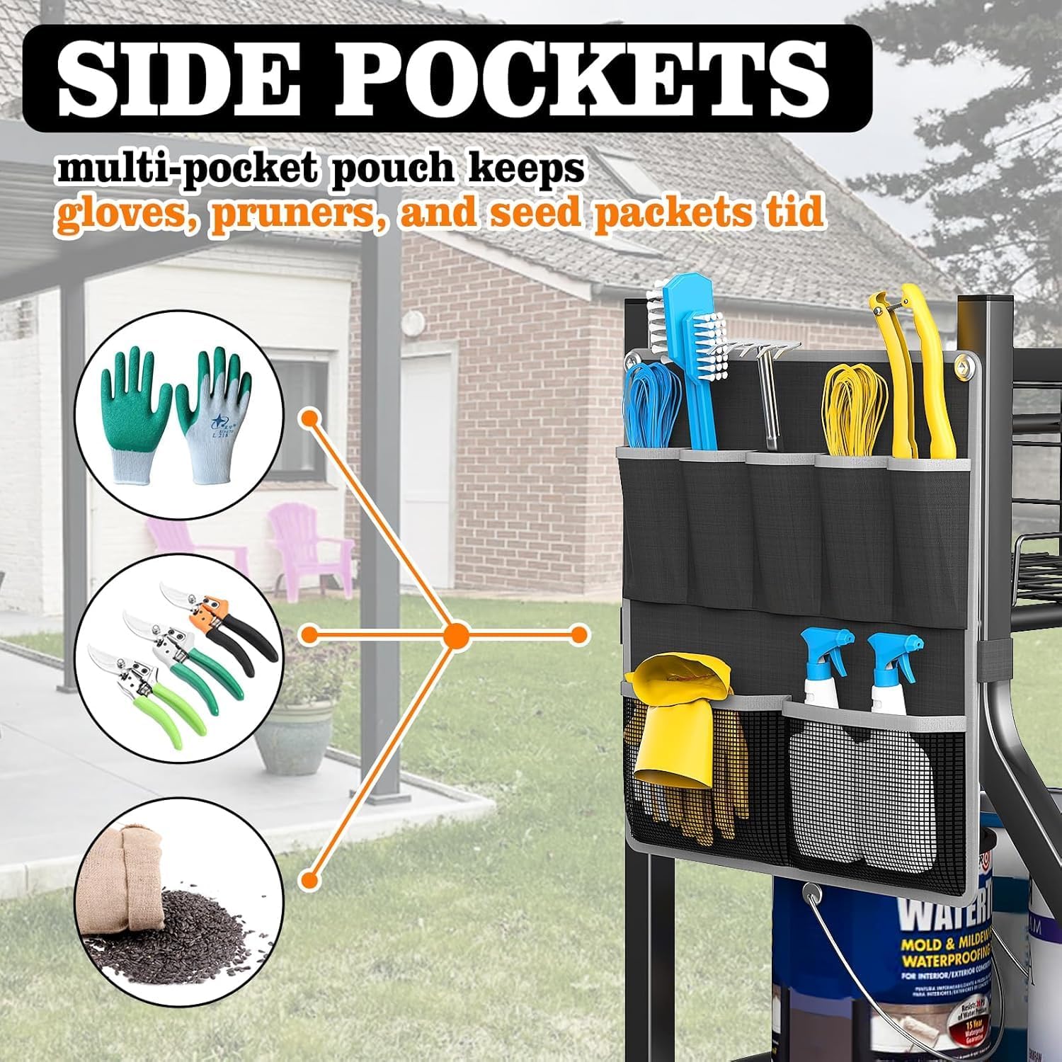36" Large Garden Tool Organizer with Wheels & Side Tool Bag, 3 Tier Rolling Garage Storage Rack for Long Handled Rakes
