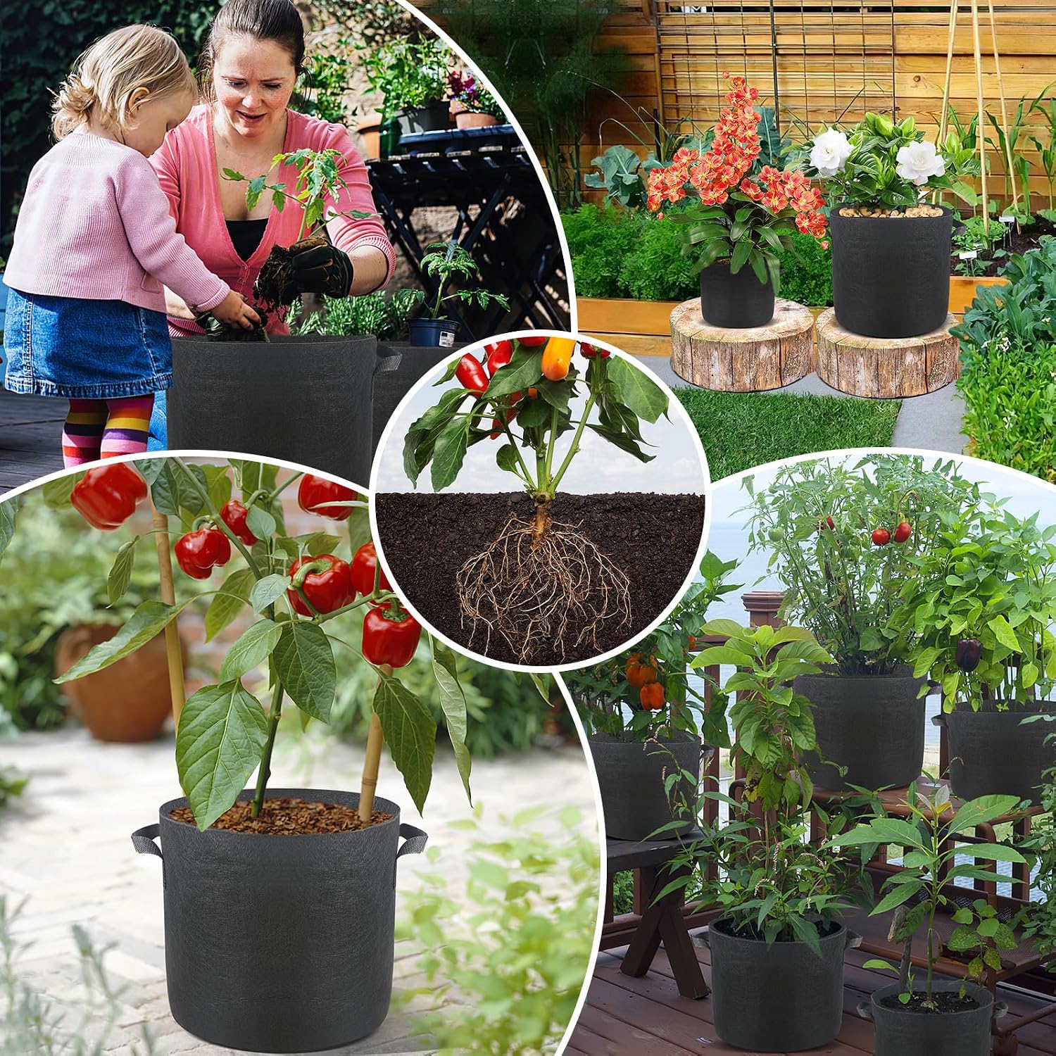 SunStream 5 Gallon Grow Bags 10 Pack | Heavy Duty 300G Thickened with Handles Nonwoven Fabric Garden Pots for Indoor