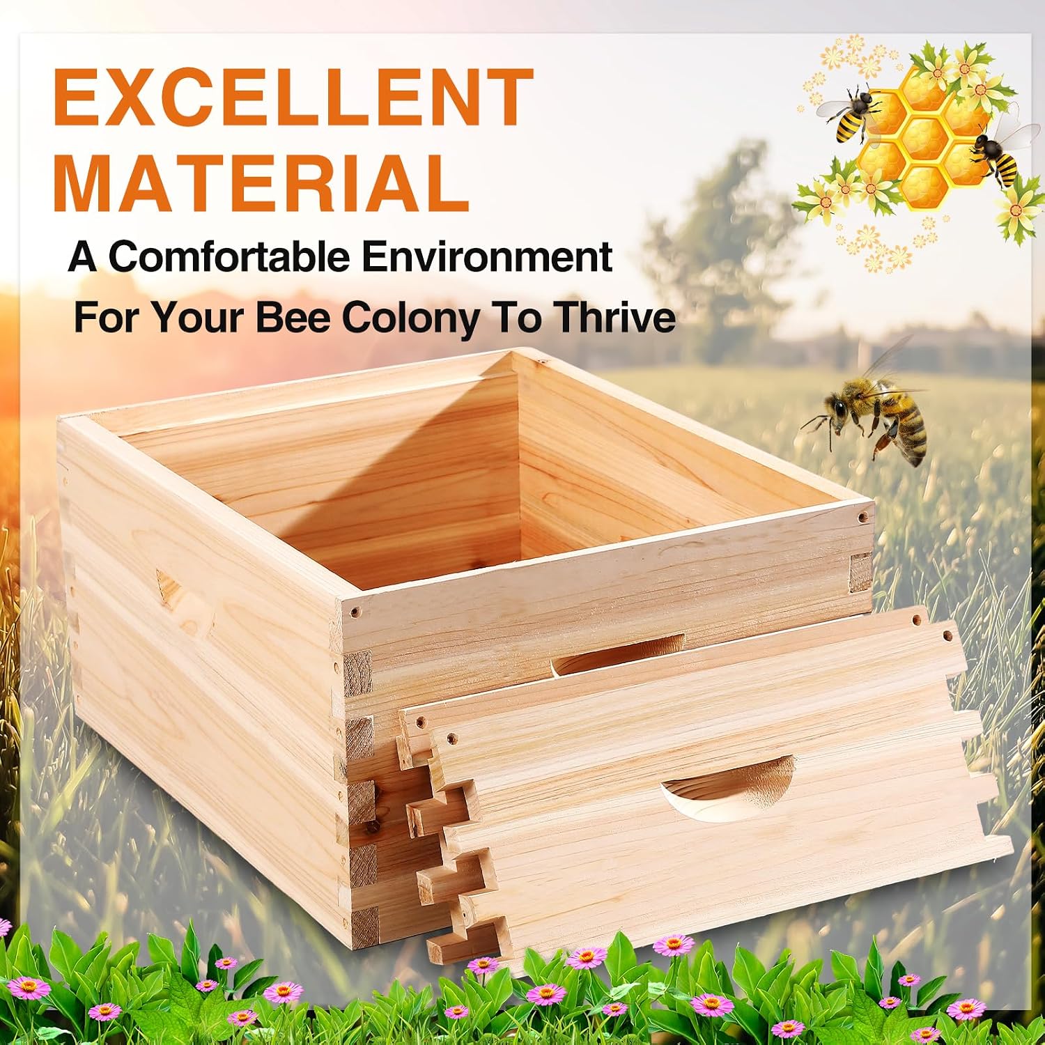 CroBlissful 2 Pcs 10 Frame Bee Hive Box Including Medium Super Beehive Box and Deep Brood Wooden Frames Bee Hives