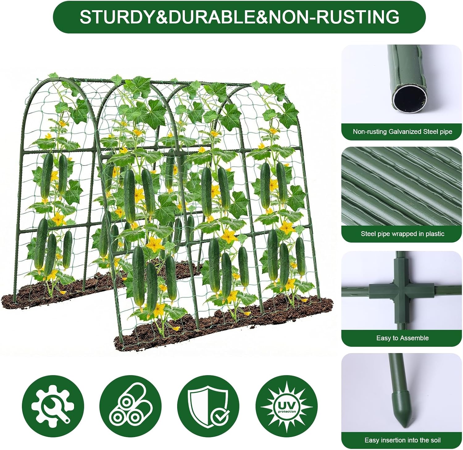 47"x47"x22" U-Shape Cucumber Trellis, Metal Plant Support with Net | 20 clips & ties included， weatherproof heavy-duty