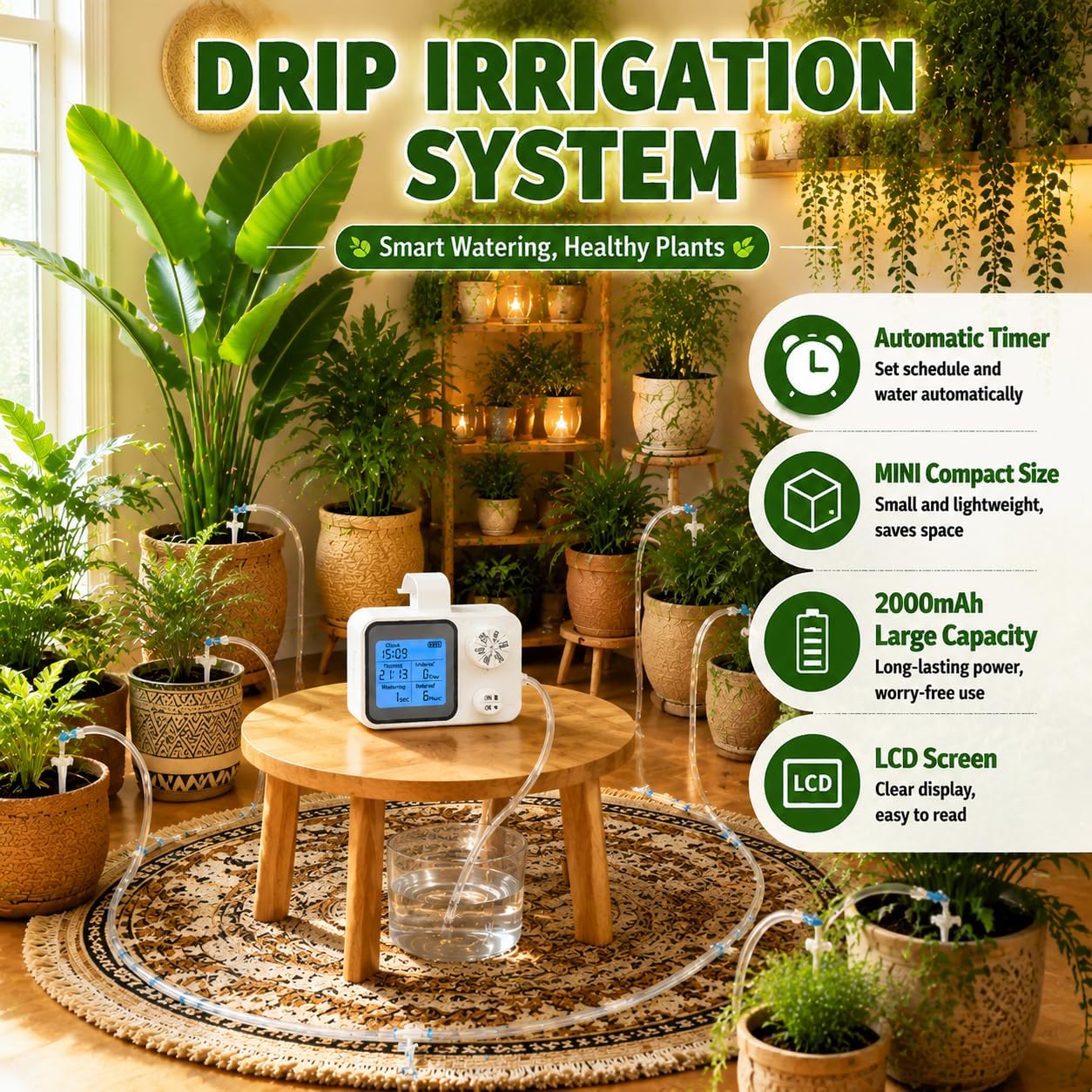 Vacation Plant Watering Devices & Indoor Irrigation Kit, Automatic Drip System with Adjustable Drippers for Indoor