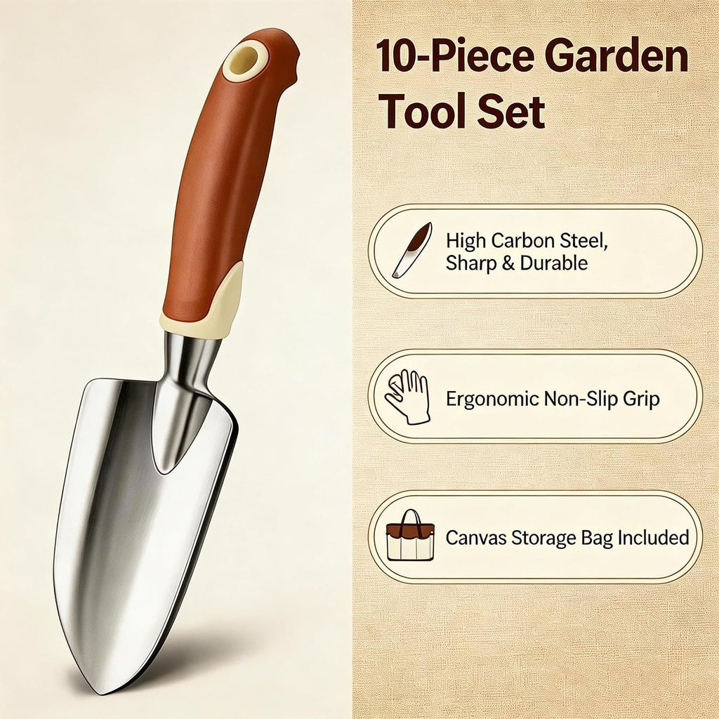 10 Pcs Heavy Duty Gardening Tools Set, Aluminum Garden Hand Tools with Non Slip Ergonomic Handle, Gardening Gloves &