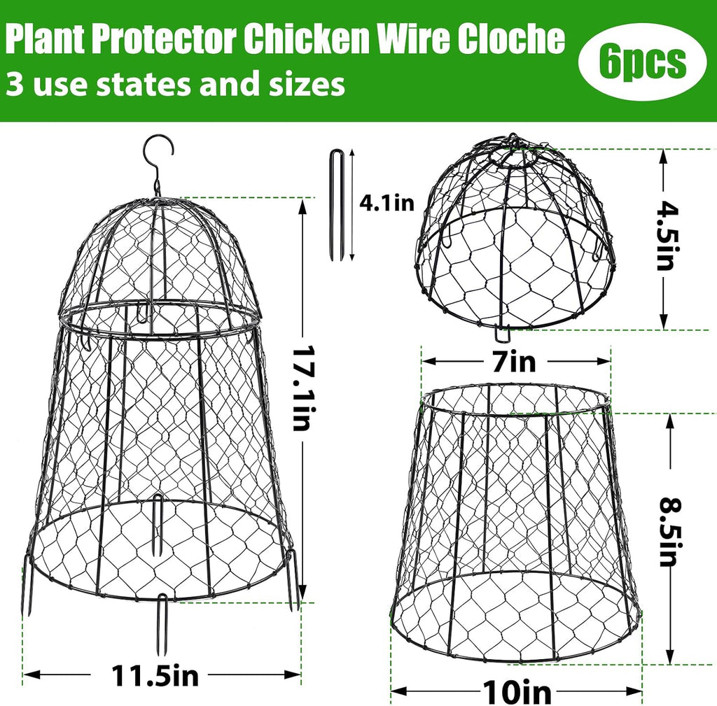 6 Pack Garden Cloches for Plants, Sturdy Chicken Wire Cloches Plant Cover | Includes 6 Ground Stakes, Large Wire Cage