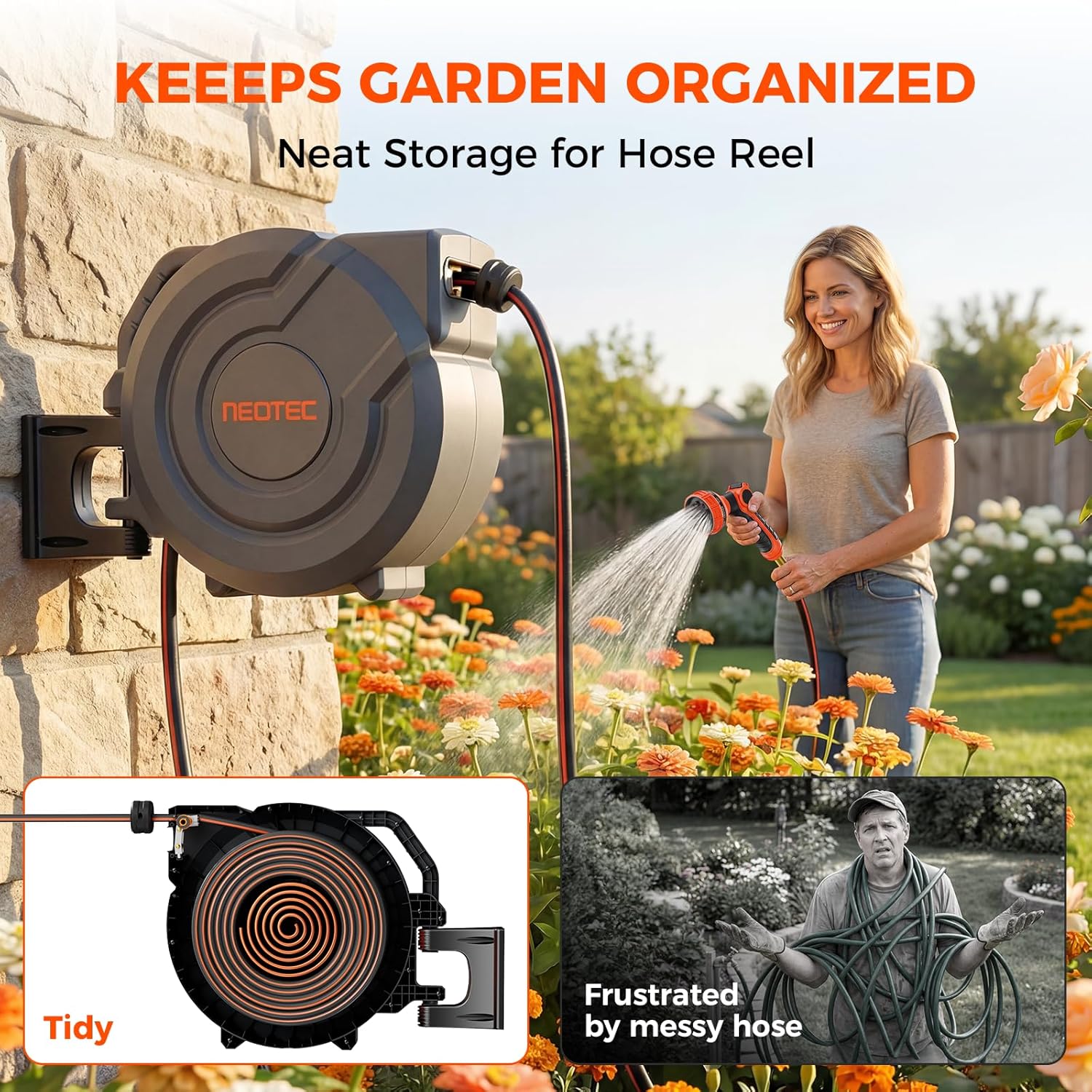 Upgraded Retractable Garden Hose Reel 5/8 inch x 100 ft Wall-Mounted 9 Pattern Nozzle Any Length Lock Automatic Slow