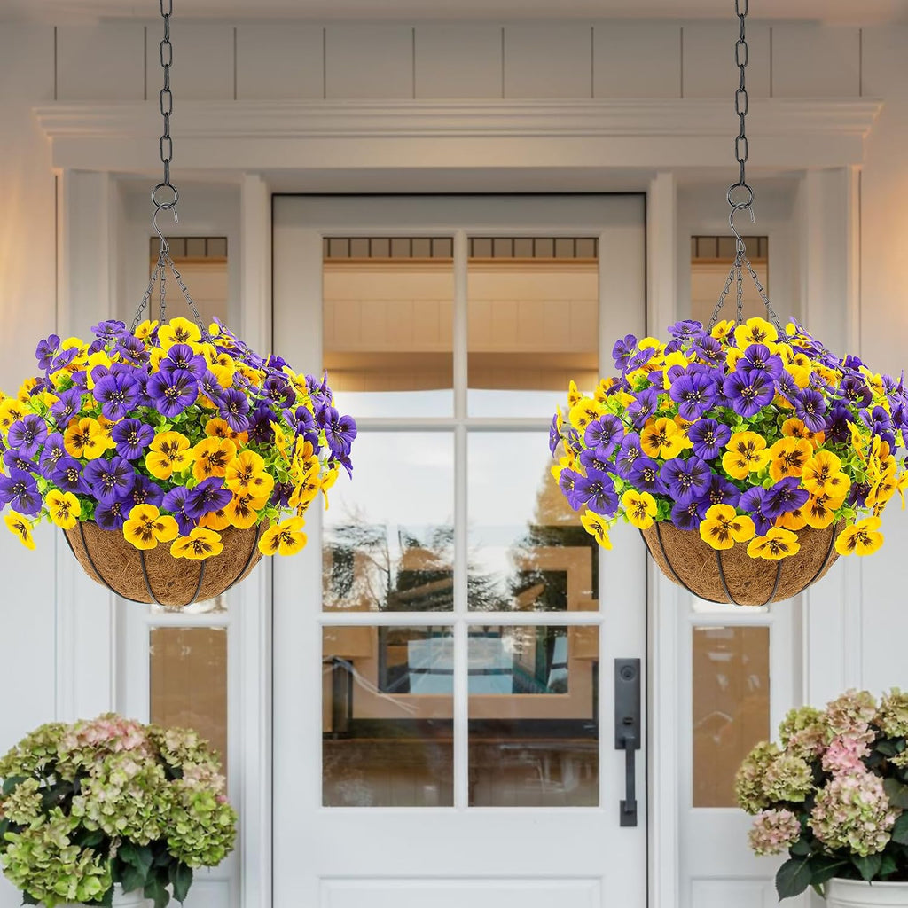 lovemoon 2 Sets Artificial Hanging Flowers with Baskets, 24 Pcs UV Resistant Faux Silk Pansies Outdoor Flower Pots for