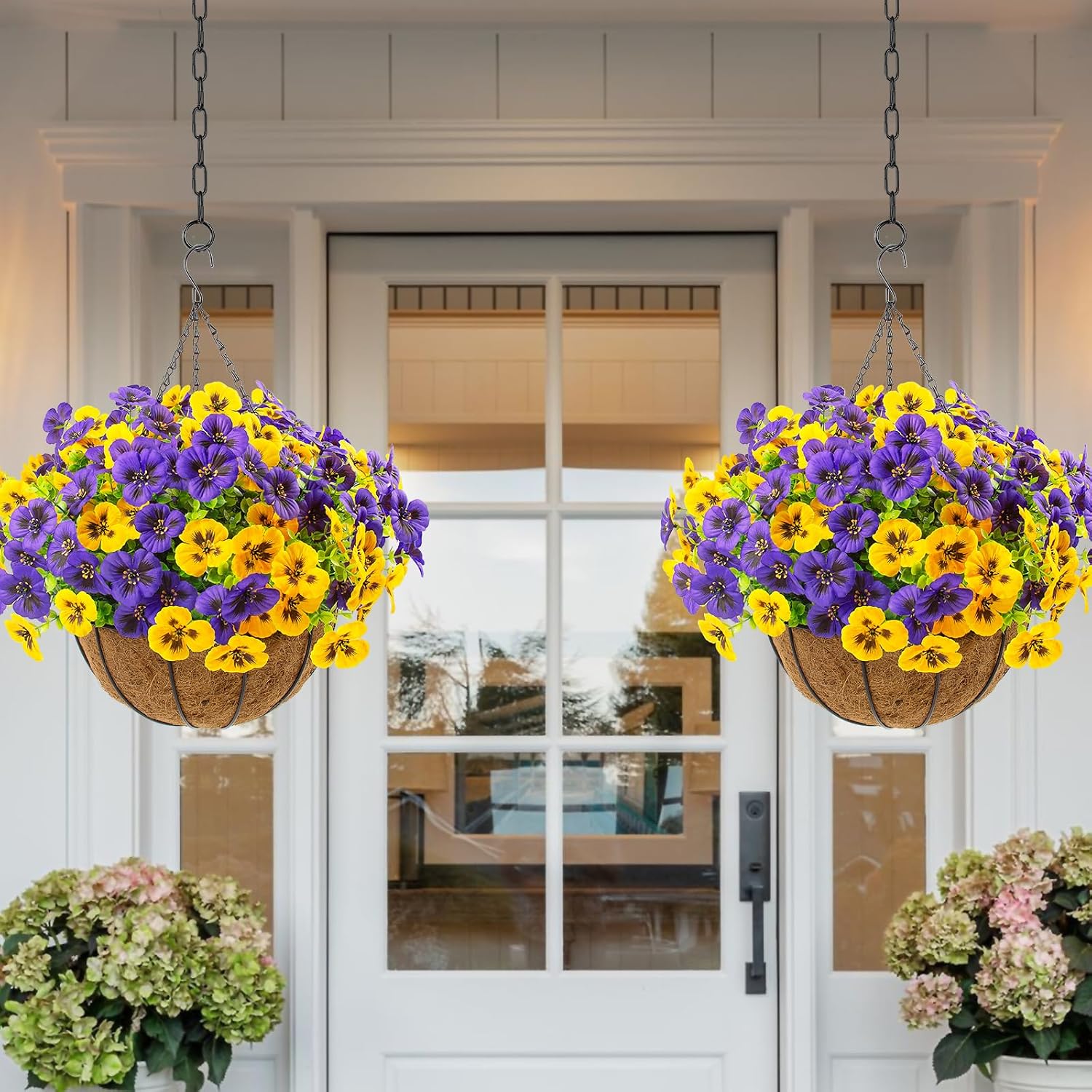lovemoon 2 Sets Artificial Hanging Flowers with Baskets, 24 Pcs UV Resistant Faux Silk Pansies Outdoor Flower Pots for