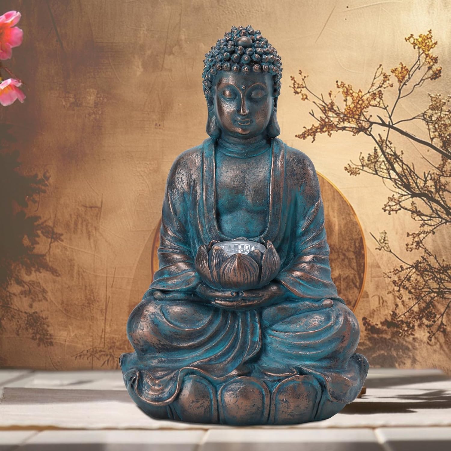 Bshine Buddha Statue Outdoor Solar Light with Lotus Lamp, Zen Garden Decor | Waterproof Buddha Garden Statues with
