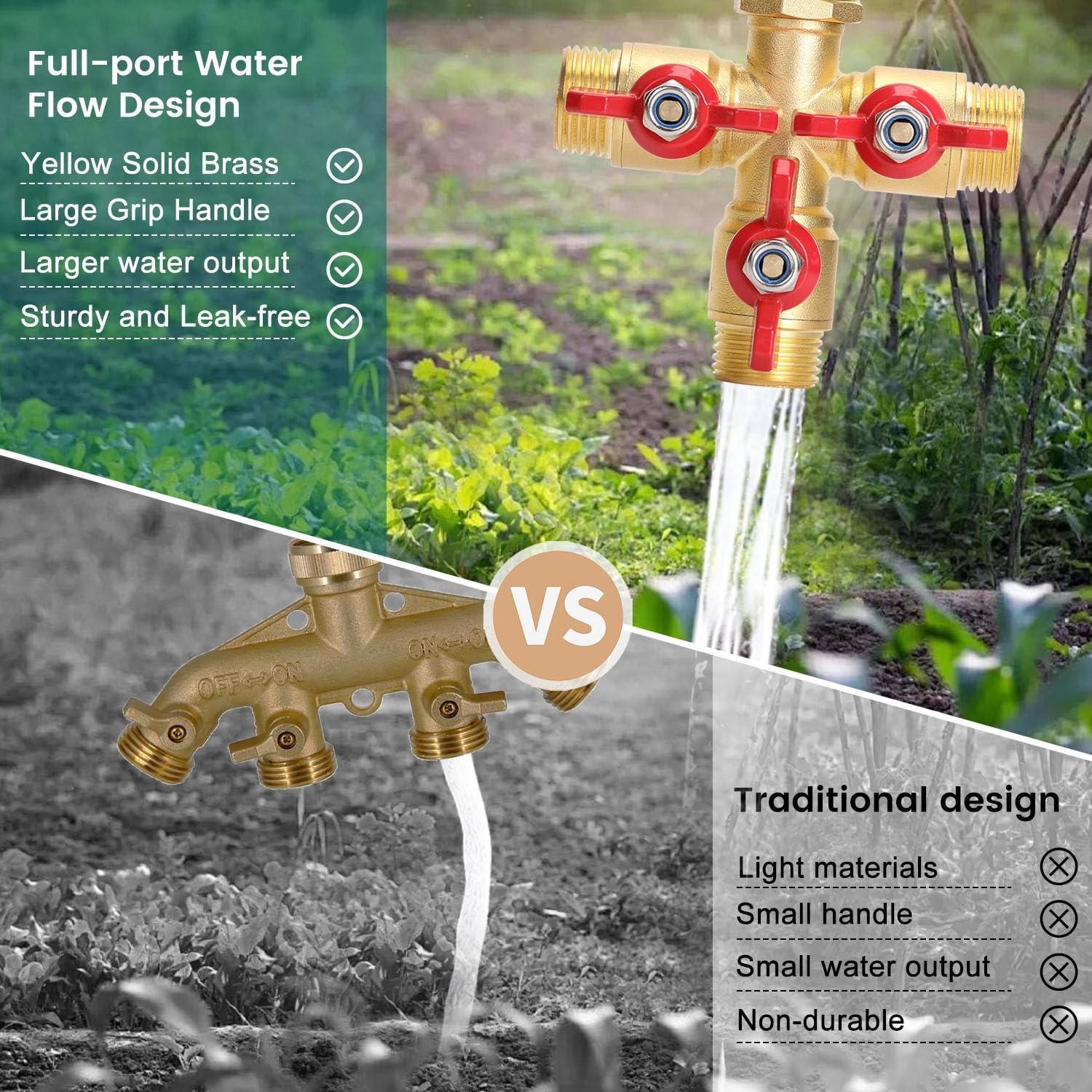 BoArt Brass Garden Hose Splitter 3 Way Heavy Duty, 3-Way Valve Hose Splitter With Large Grip Handle, 3/4" GHT Thread
