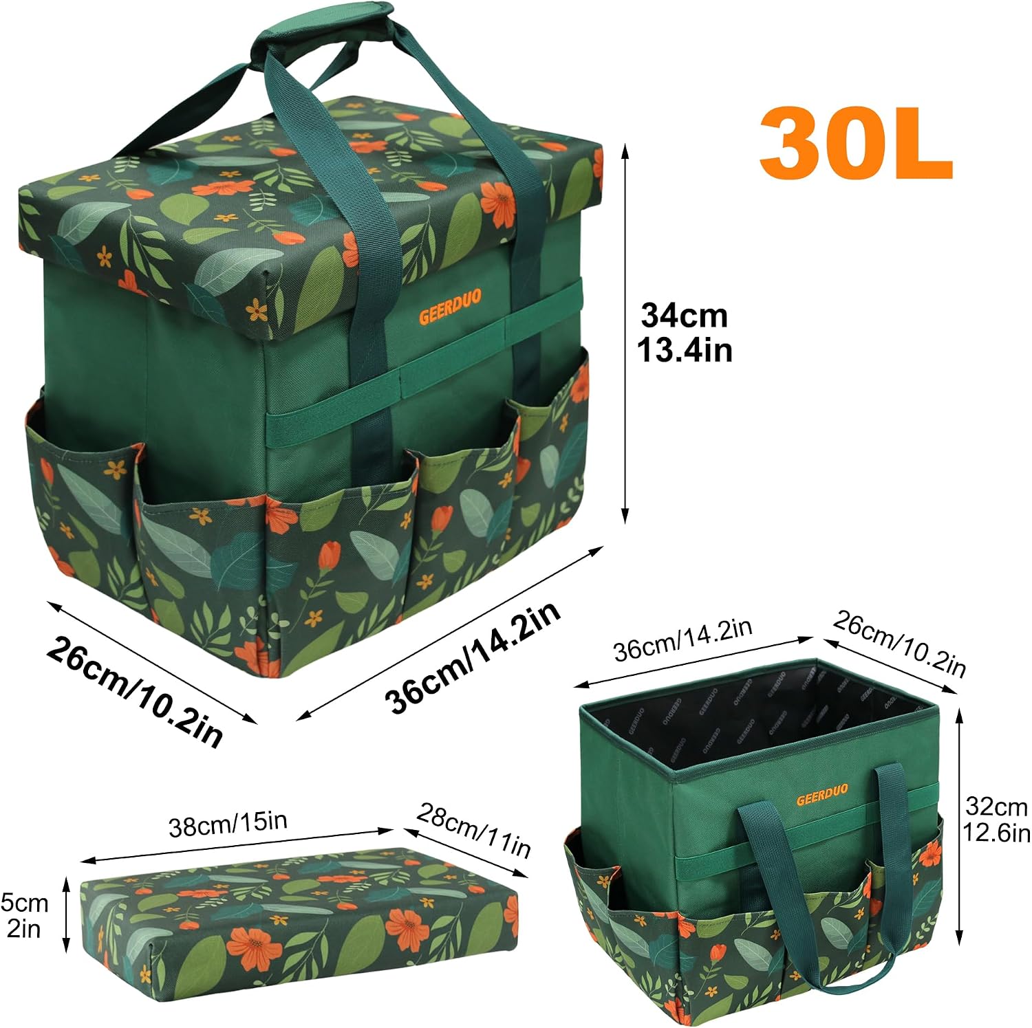 30L Collapsible Garden Seat & Storage Box, Heavy Duty Floral Organizer Bag with 10 Side Pockets, Portable Foldable