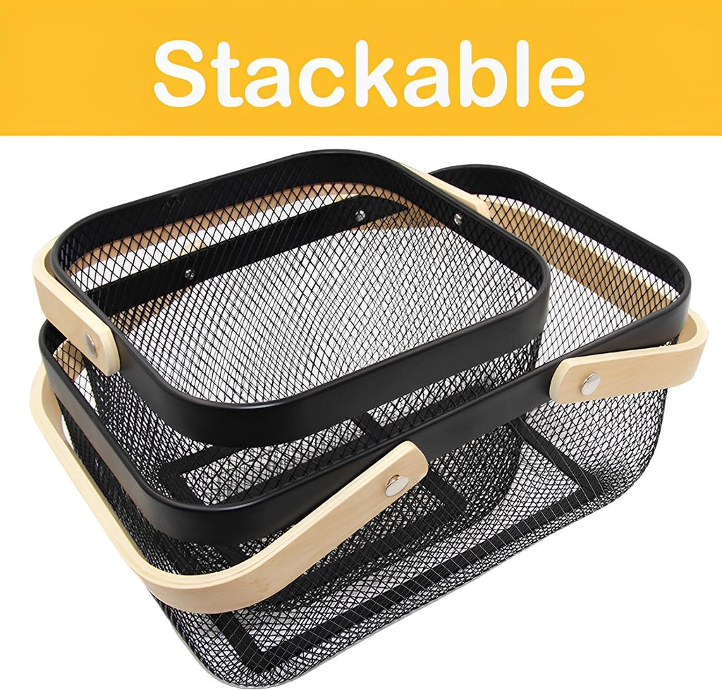Cheardia 2 Pack Picnic Baskets, Metal Mesh Harvest Basket with Foldable Wooden Handle, Rectangle Garden Storage Basket